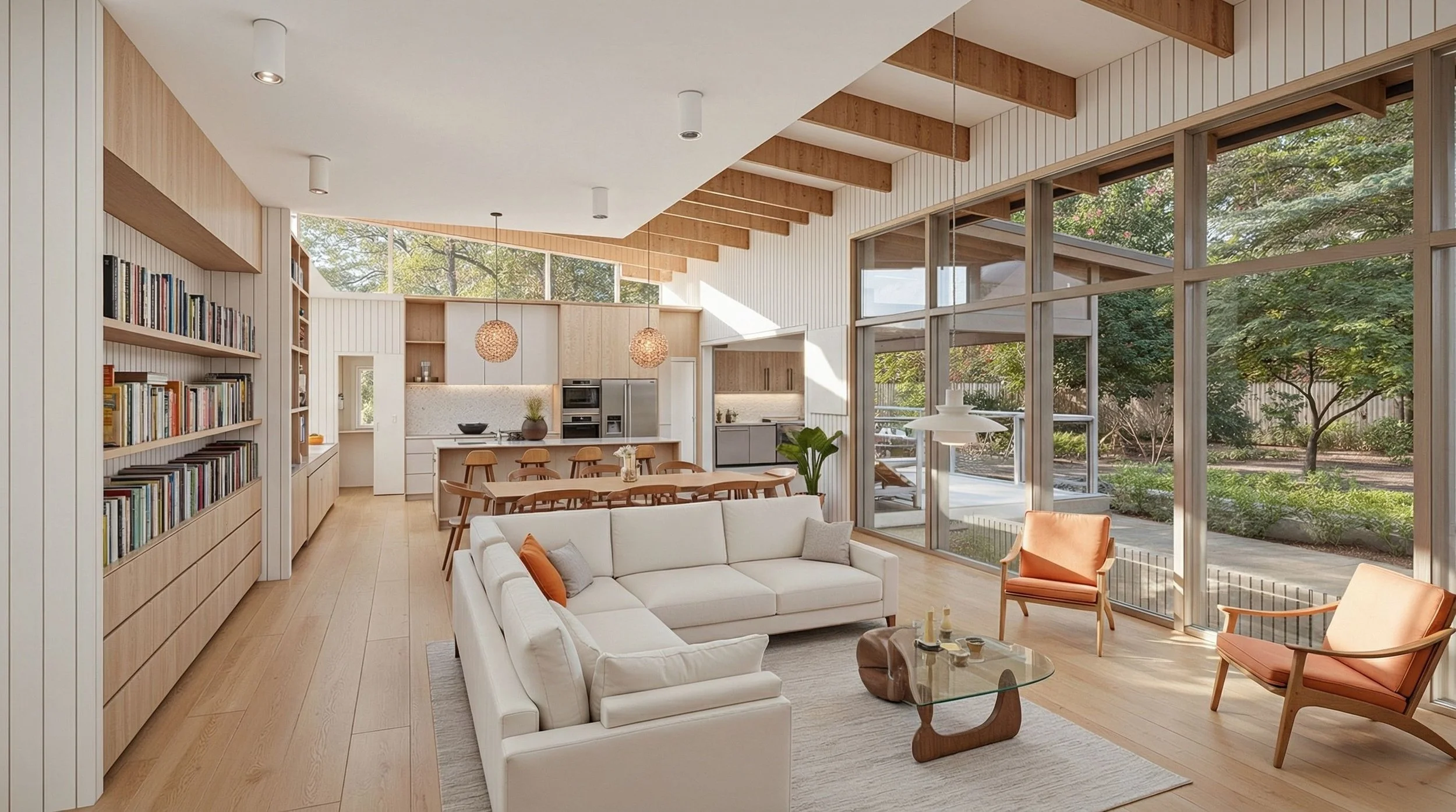 Open-concept living and kitchen area with modern furnishings, large windows, wooden ceiling beams, a bookshelf, and outdoor greenery visible through the windows.
