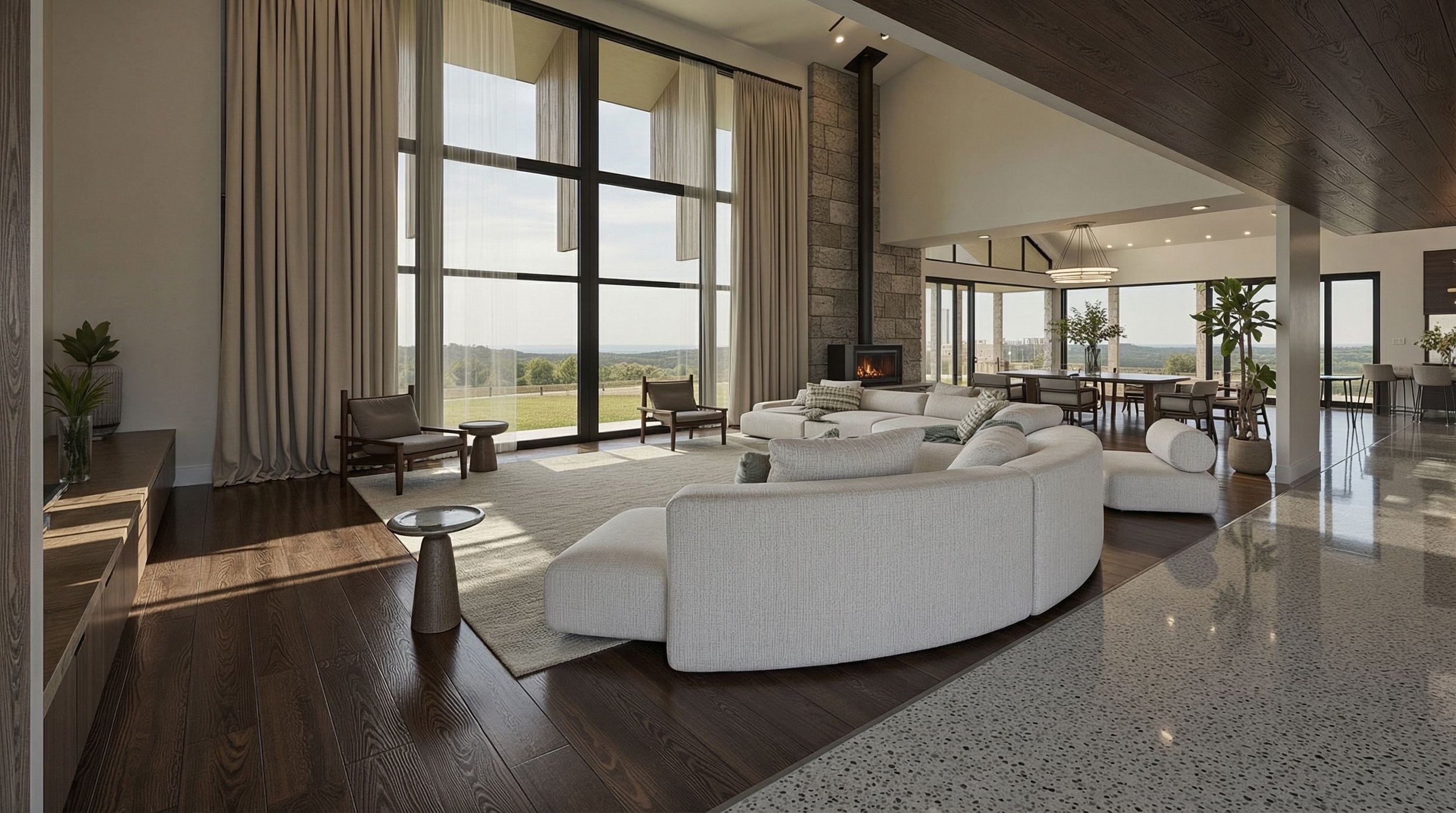 Open living room with large windows, white sofas, a fireplace, and view of greenery outside.