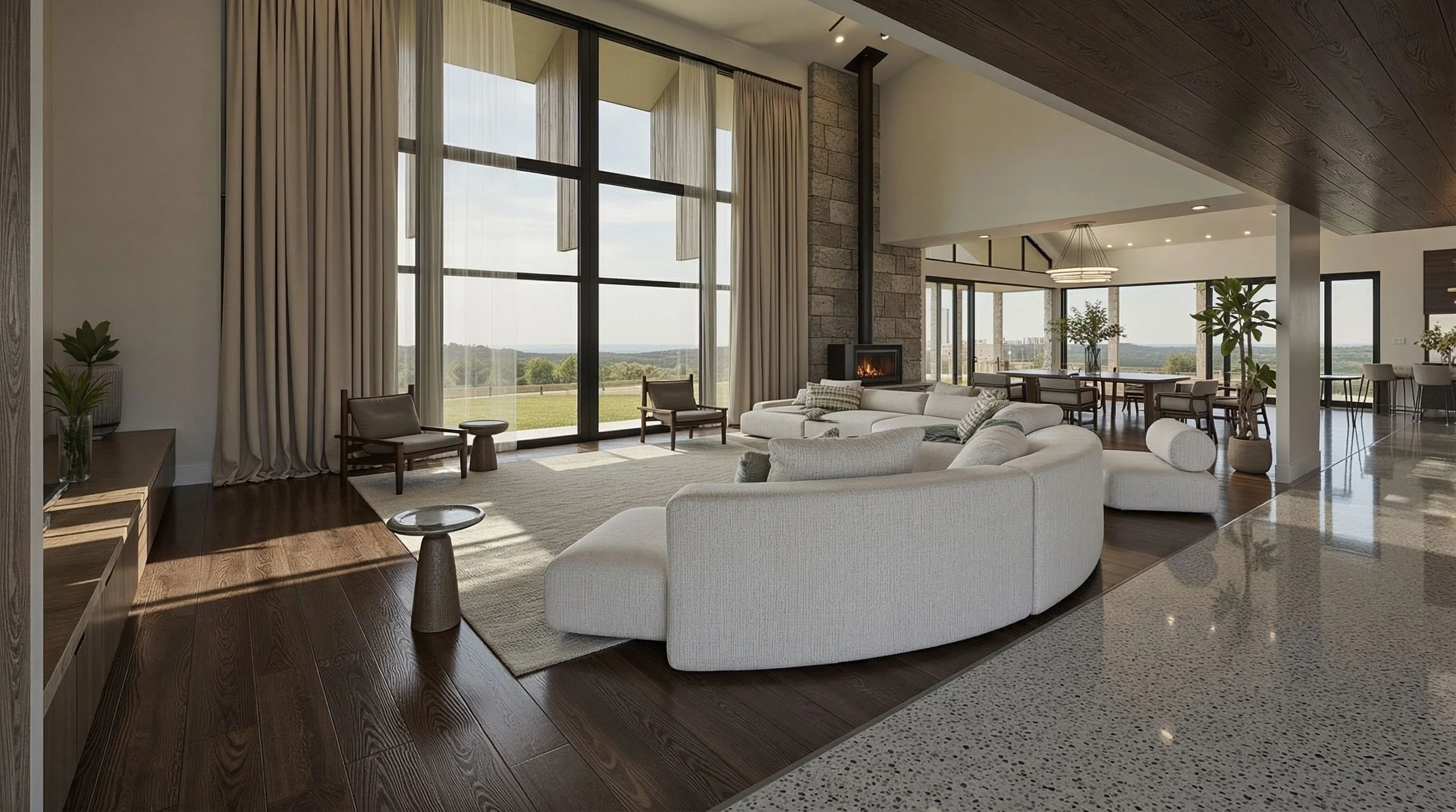Modern living room with large windows, beige couches, a fireplace, and indoor plants.