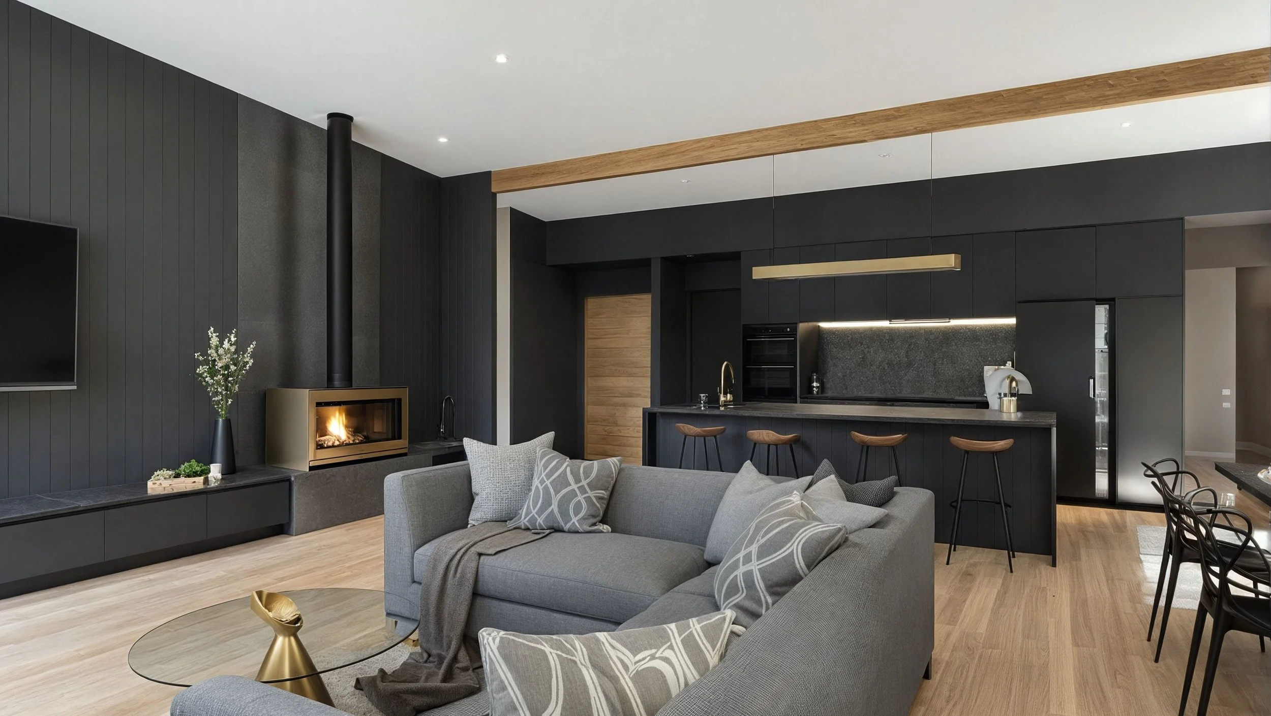 Modern living room with black walls, wood accents, a fireplace, gray sofa, and a kitchen area with black cabinetry and a breakfast bar with stools.