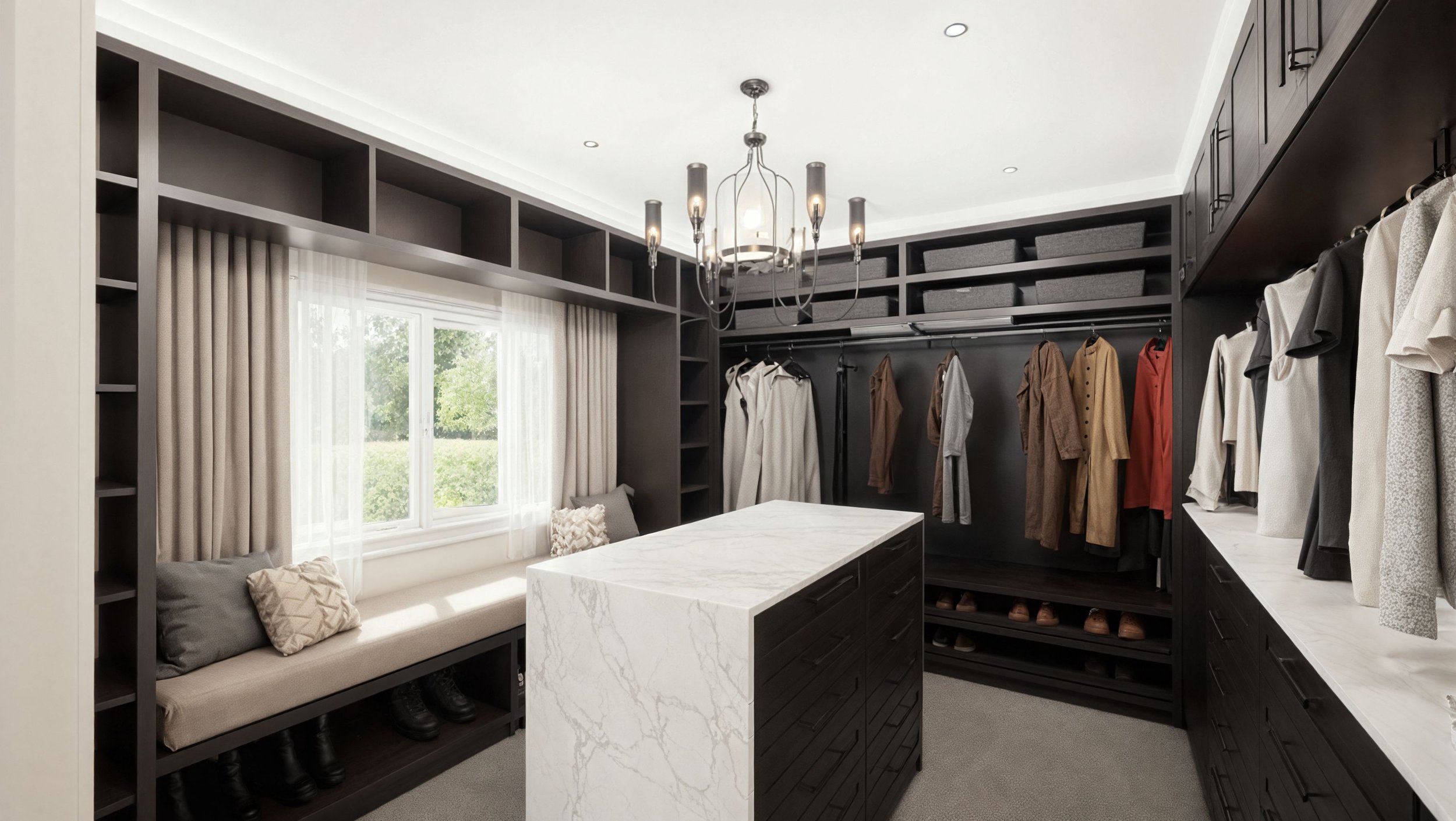 A modern walk-in closet with dark wood cabinets, open shelving, and hanging clothes. There is a white marble island in the center and a window with curtains, with sunlight streaming in. A chandelier hangs from the ceiling.