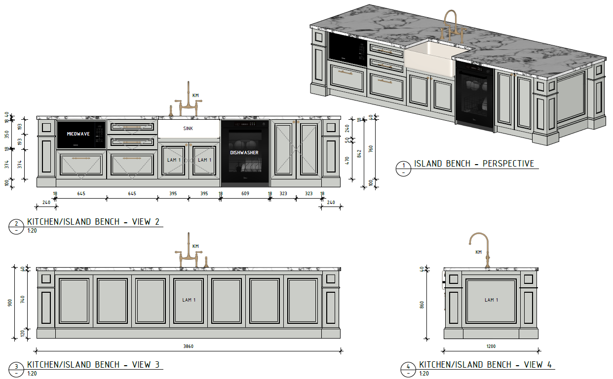 Technical drawing of a kitchen island and bench with measurements, cabinetry, sink, microwave, dishwasher, and faucet.
