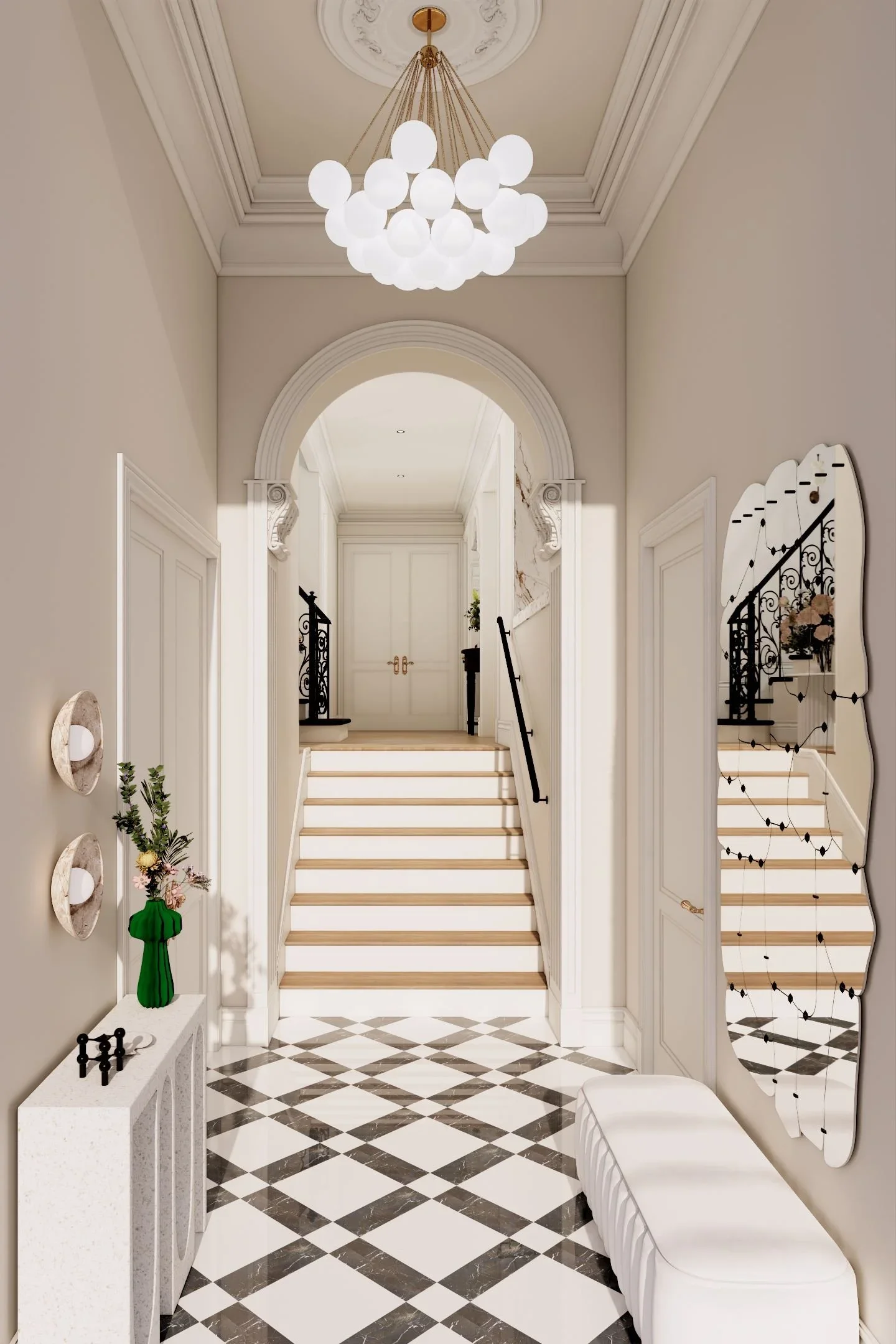 A stylish, elegant foyer or entryway with a checkered black and white floor, a curved staircase with black wrought iron railings, white walls with decorative molding, and a modern chandelier hanging from a ceiling medallion. There's a white bench, a side table with a green vase and flowers, and a mirror reflecting the staircase.