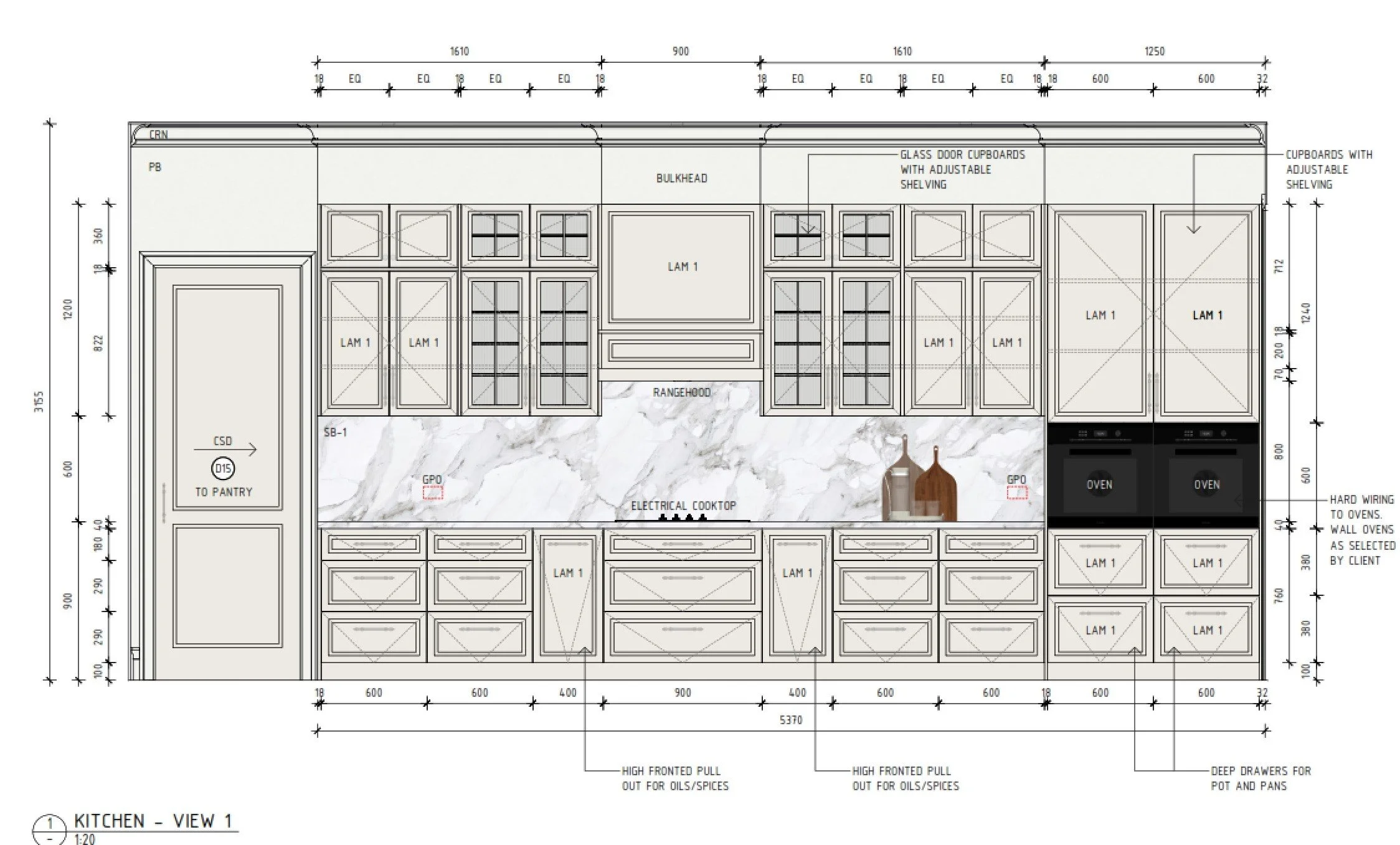 A detailed kitchen design blueprint showing wall cabinets, glass door cupboards with adjustable shelving, a range hood, electrical cooktop, ovens, and various measurements and construction notes.