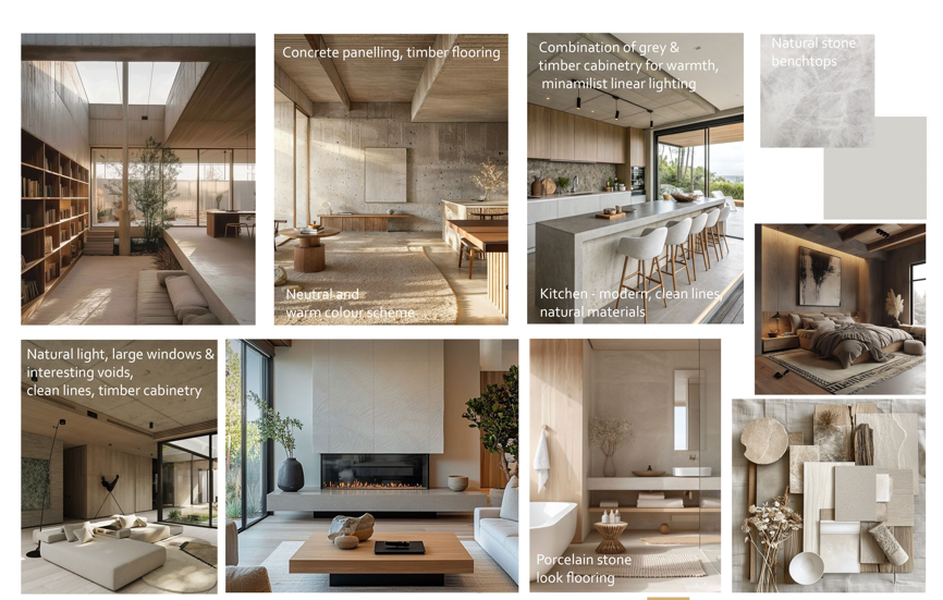 Collage of modern interior design spaces featuring natural materials like timber, stone, and concrete. Includes a living room with large windows and timber cabinetry, a concrete and timber-floored space with warm color schemes, a kitchen with natural materials and minimalist lighting, a bedroom with natural stone and soft lighting, a sitting area with large windows and timber cabinetry, a living room with a fireplace and large window, and a bathroom with porcelain stone look flooring.