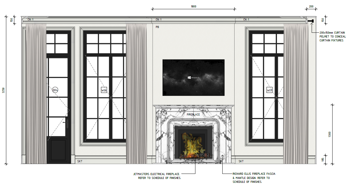 Design plan of a living room wall featuring two large windows with curtains, a fireplace with a marble surround, and a mounted television above the fireplace.