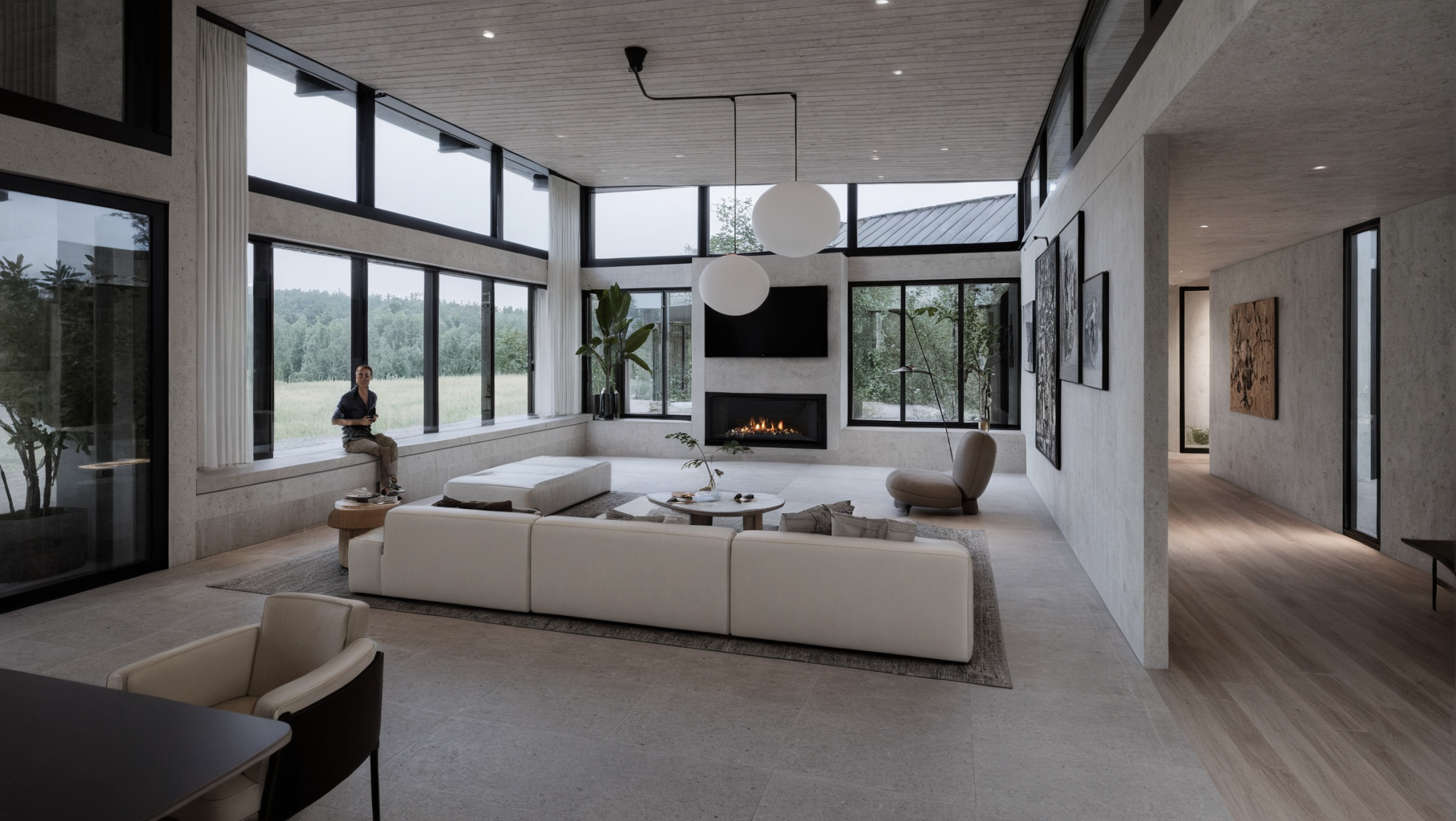 Modern living room with large windows, white sofas, a fireplace, and decorative artwork on light-colored walls.