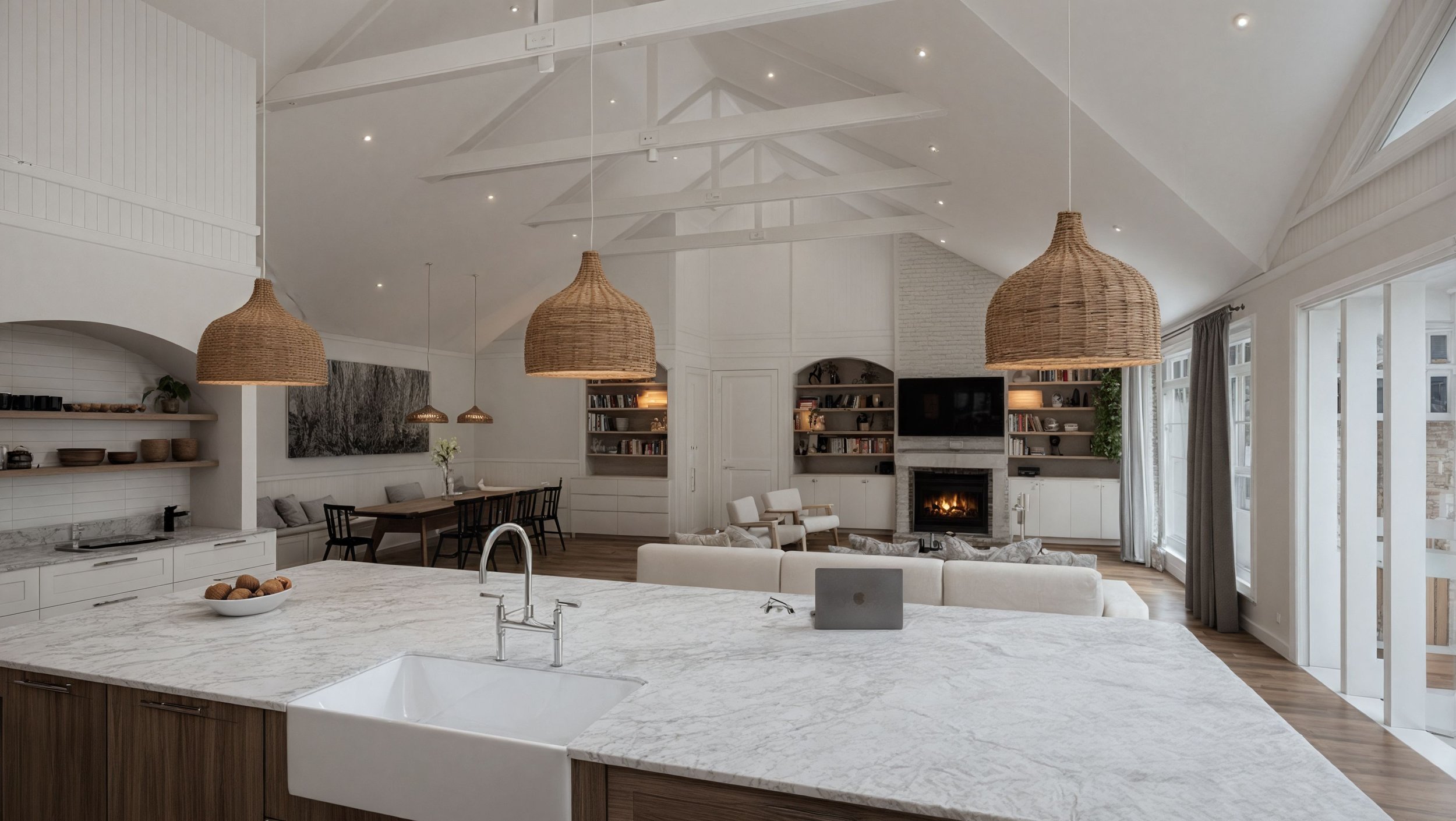 Open living space with a kitchen island in the foreground, hanging woven pendant lights, a fireplace, built-in bookshelves, seating area, and large windows with curtains.
