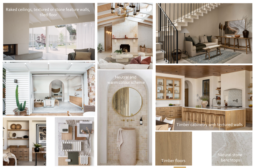 Collage of interior home decor showcasing textured ceilings, stone feature walls, tiled floors, a cozy living room with fireplace, minimalist dining area, open kitchen with timber cabinetry, neutral color scheme, natural stone benchtops, and timber floors.