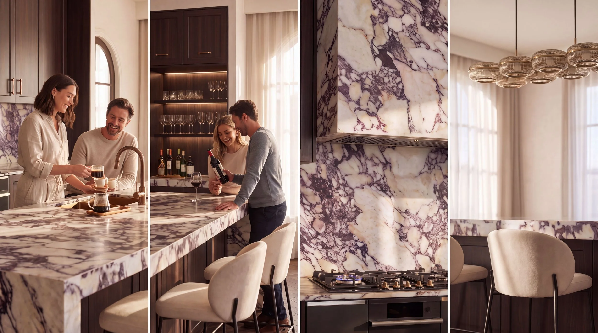 People enjoying drinks and socializing in a modern kitchen with a marble island and dark wood cabinets.