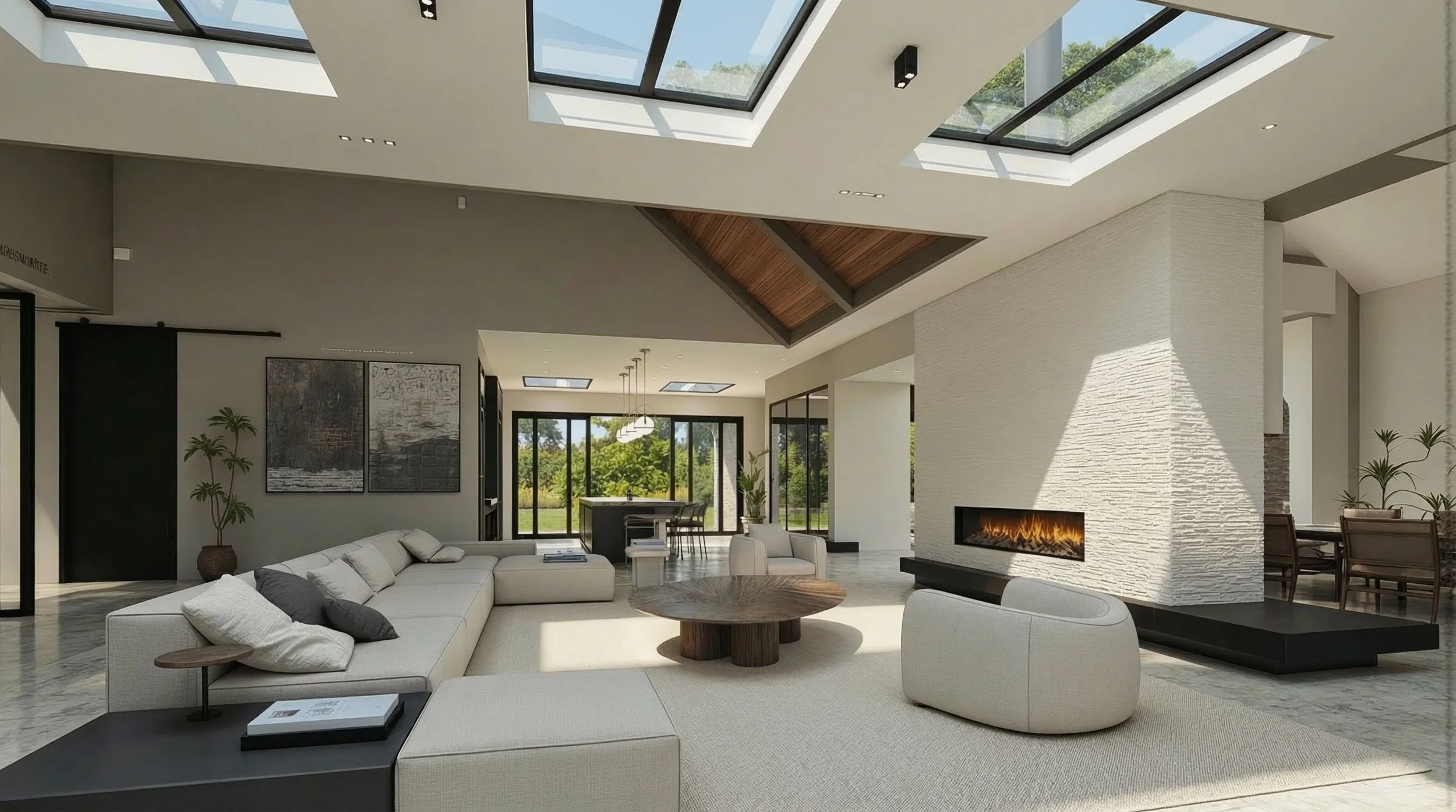 Modern living room with a white sectional sofa, a round wooden coffee table, and a built-in fireplace with a white textured wall. Large windows and skylights allow natural light to fill the space, with greenery visible outside.