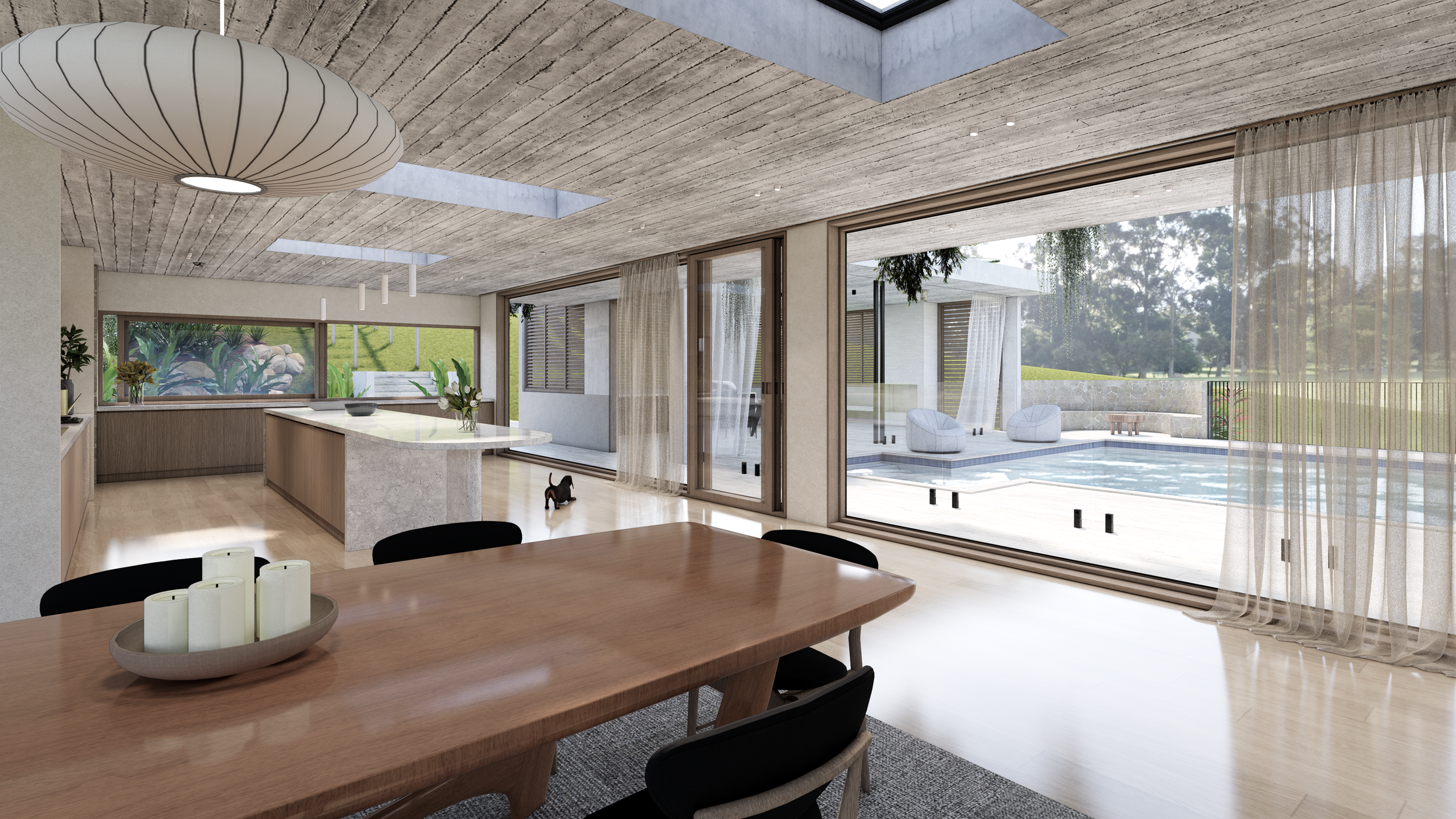 Pullenvale renovation, Connecting living spaces, formed concrete ceilings