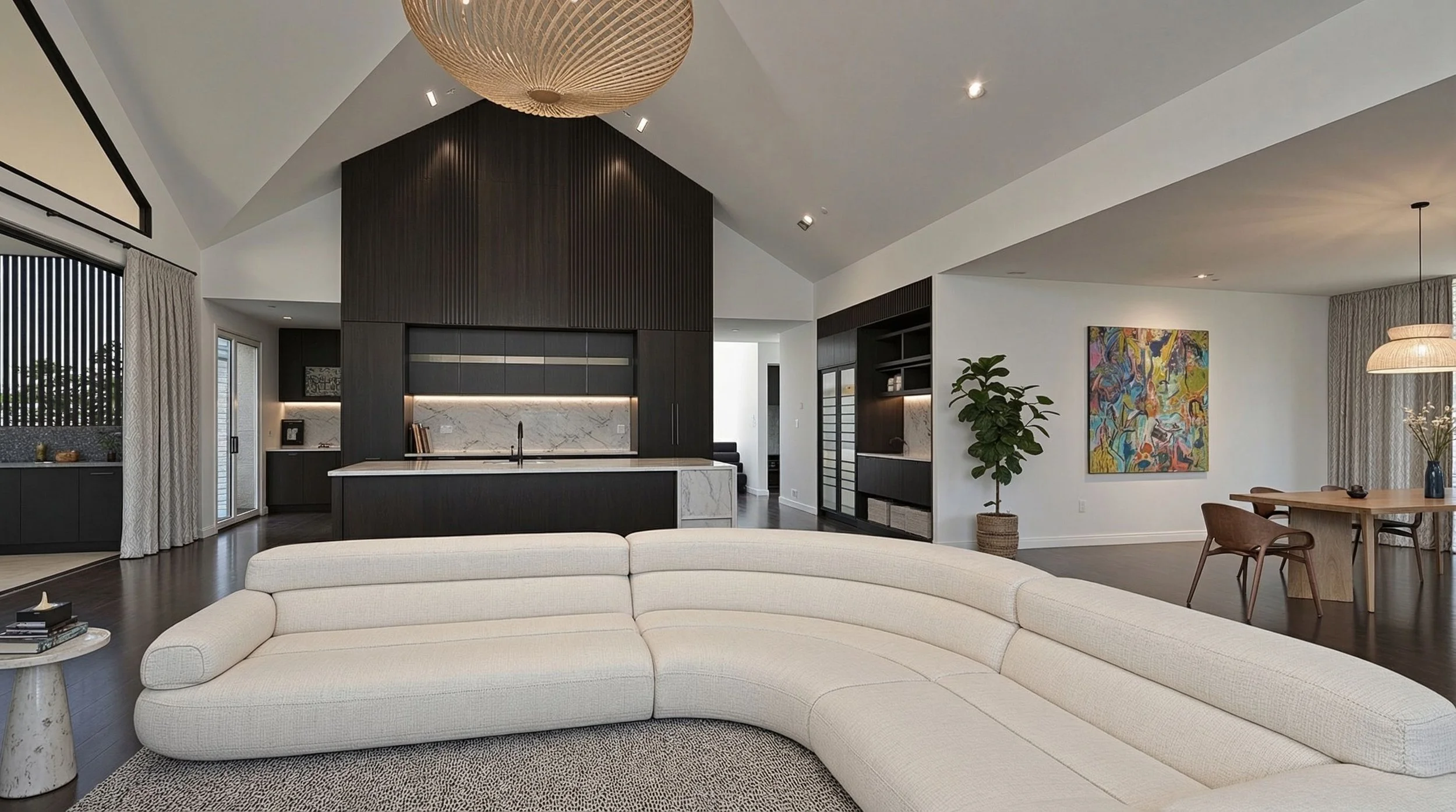 Modern open-concept living room and kitchen with curved white sofa, wooden dining table, colorful abstract wall art, and dark kitchen cabinets with marble countertops.