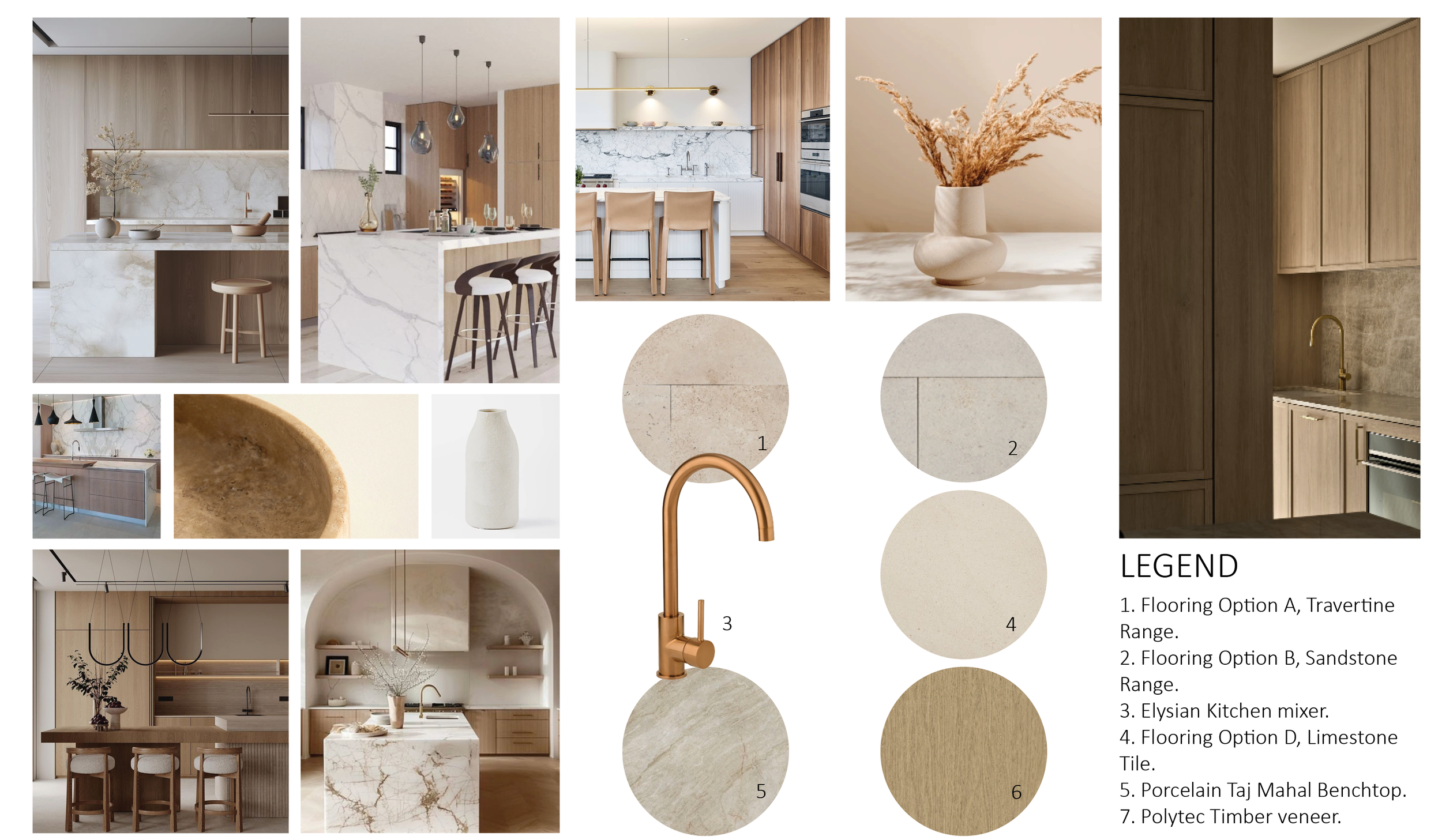 A collage of modern kitchen and dining room interiors featuring wood and marble finishes, neutral tones, and minimalist decor. Includes close-ups of material samples and design elements.