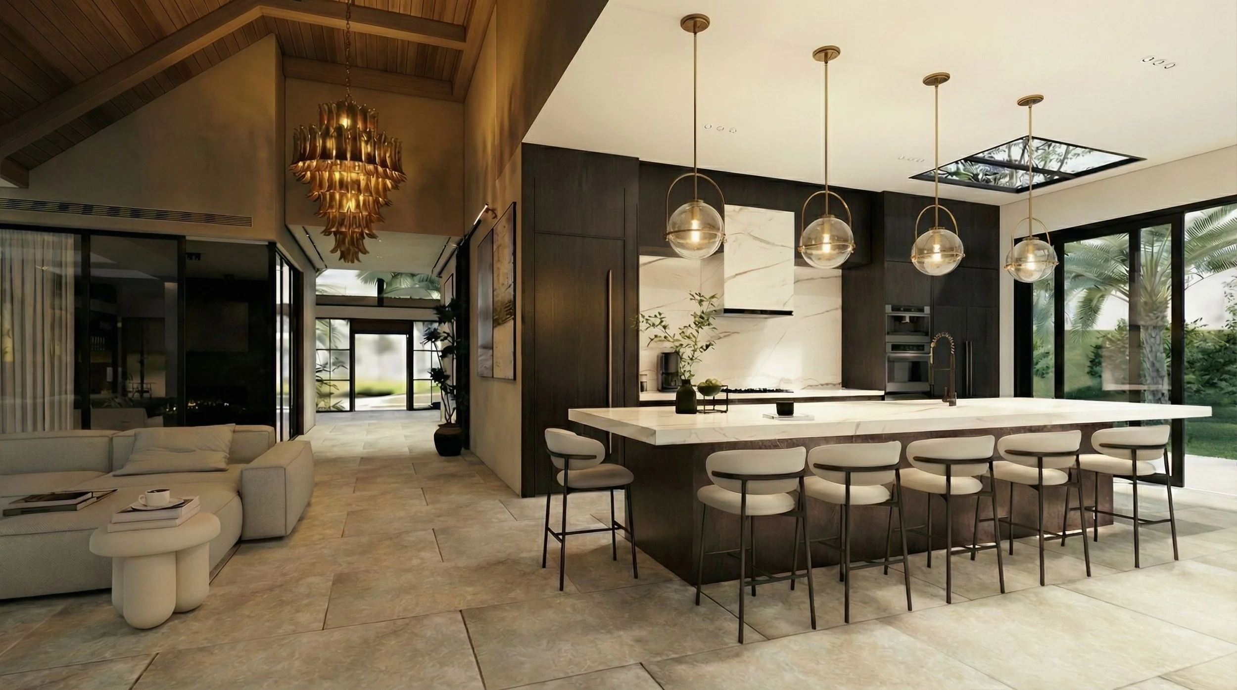 Modern kitchen with marble island, pendant lights, dark wood cabinets, large windows, and outdoor greenery.