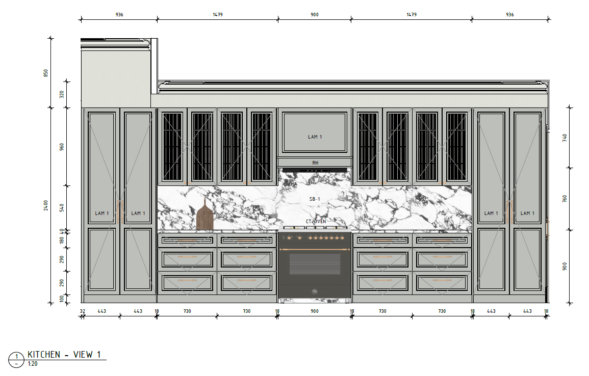 A detailed kitchen cabinet and appliance layout drawing with measurements, showing upper and lower cabinets, a stove, and a marble backsplash.