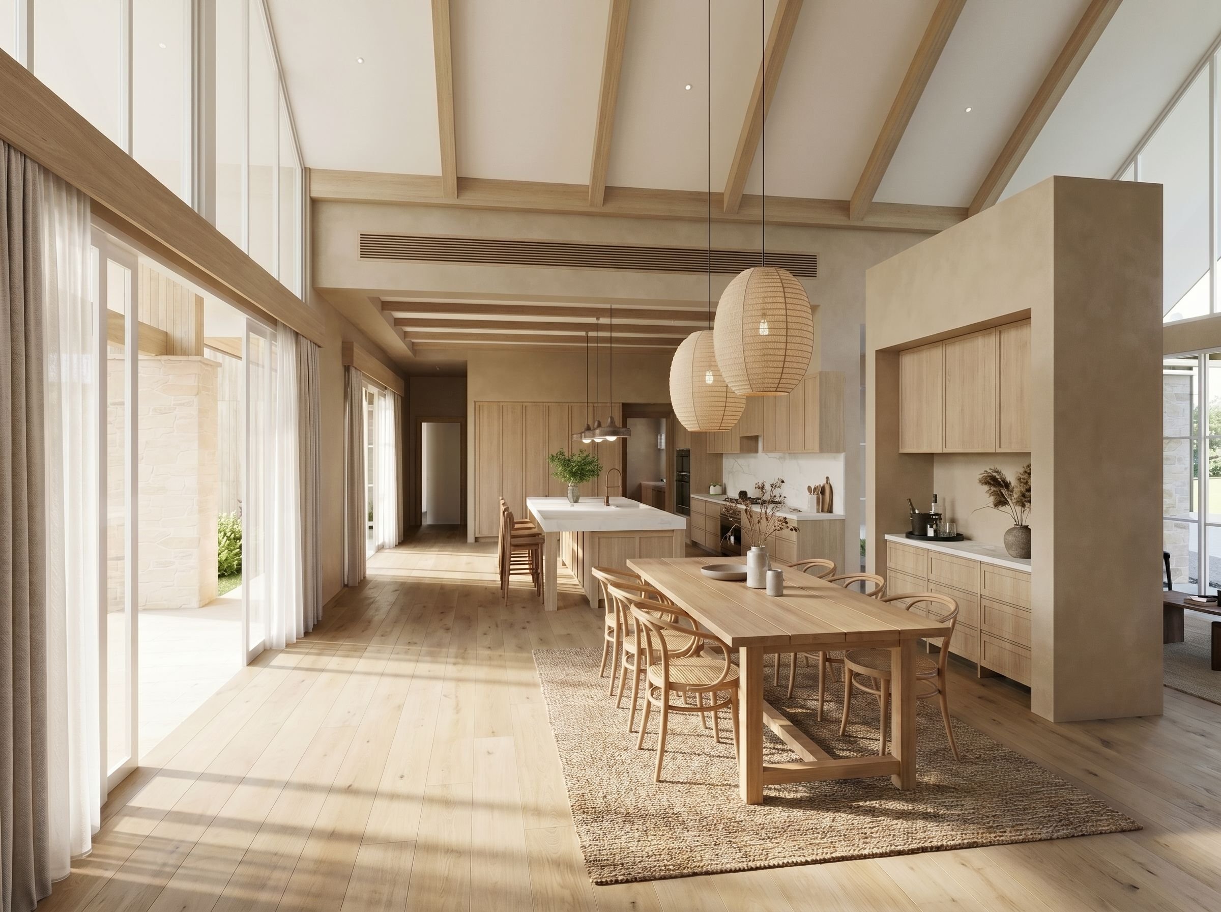 Open-concept modern living room and kitchen area with natural wood tones, a dining table and chairs, pendant lighting, large windows with curtains, and hardwood floors.