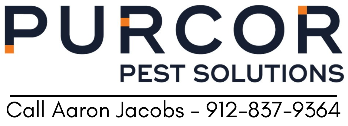 Purcor Pest Solutions logo with contact information for Aaron Jacobs at 912-837-9364.