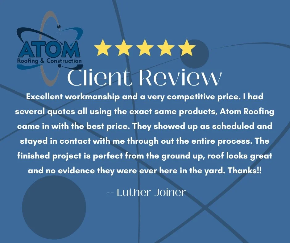 Client review for Atom Roofing & Construction, featuring praise for workmanship and competitive pricing. Includes five-star rating. Brunswick, GA