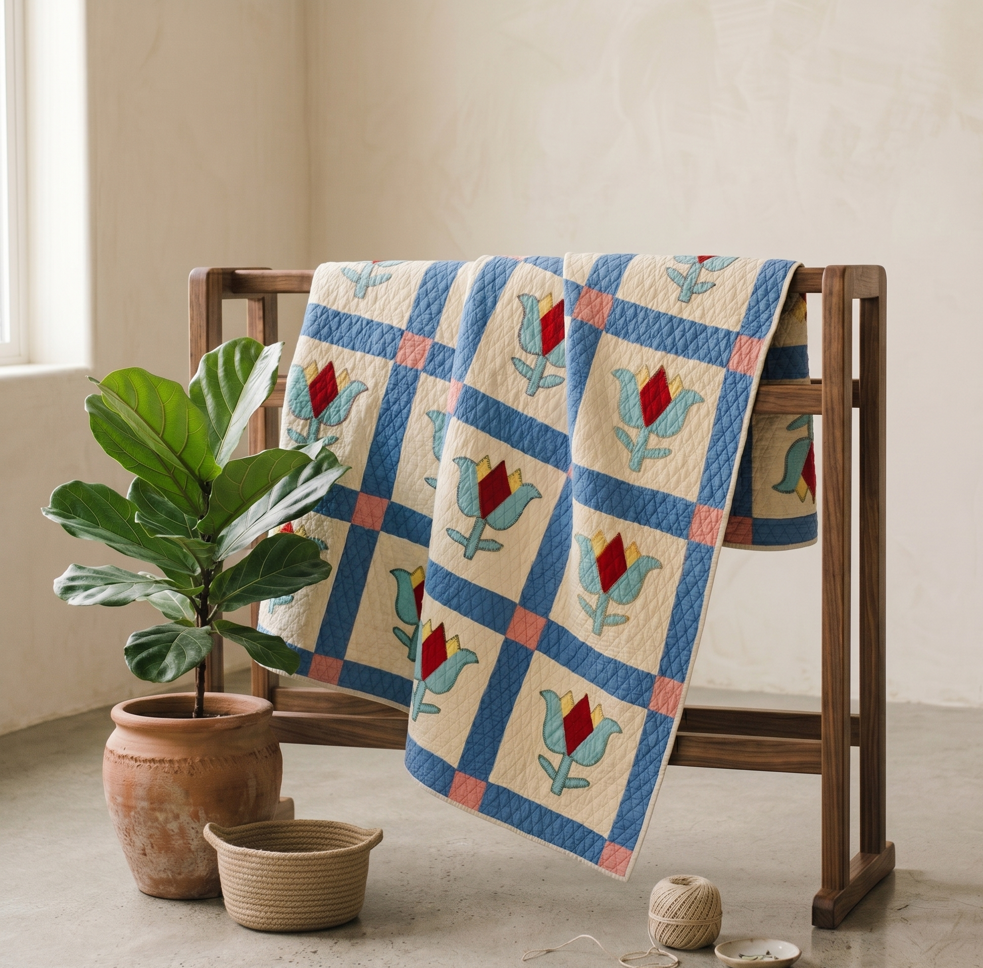 Florals Collection No. 5 - Teal and Red Tulips Quilt