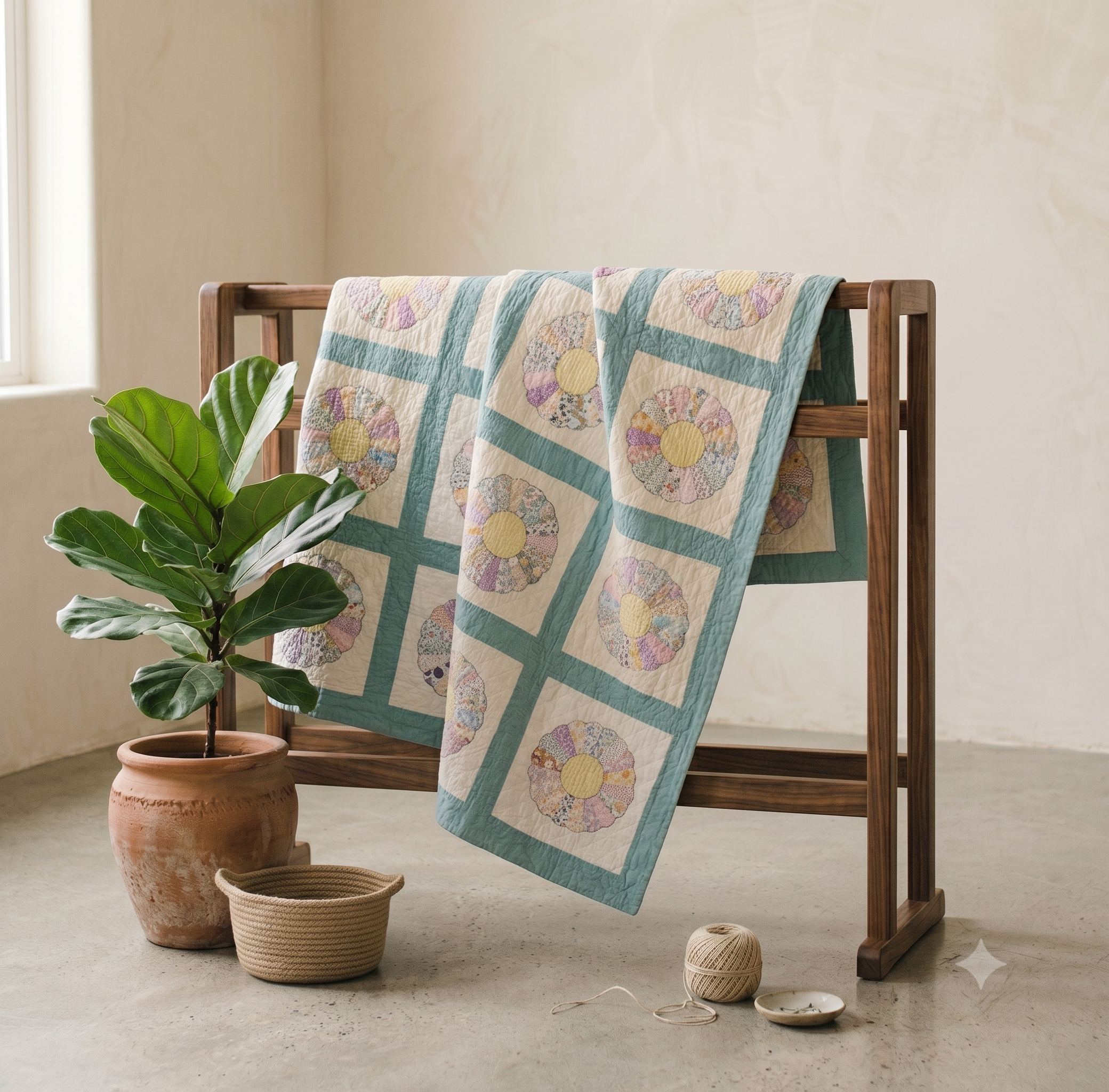 Teal and Pastel Dresden Plate Amish-made Quilt 1940's