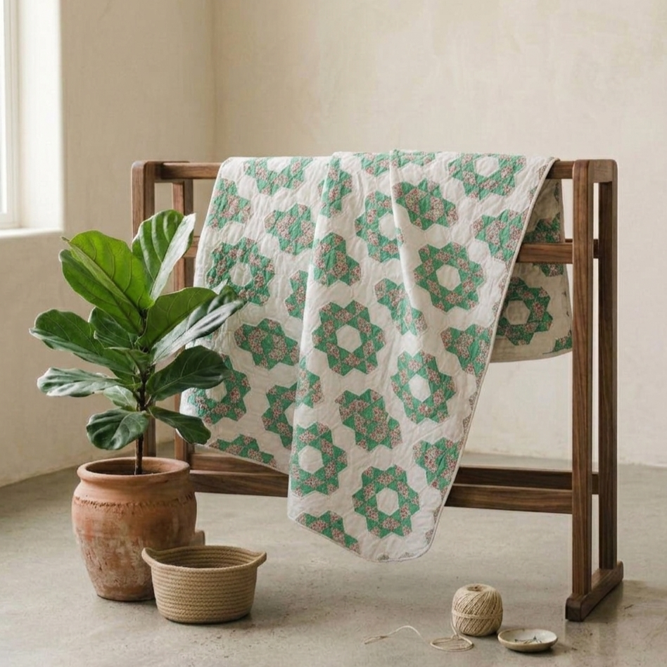 Florals Collection No. 9 - Mint Green with Pink Flower Basket Quilt 1930's