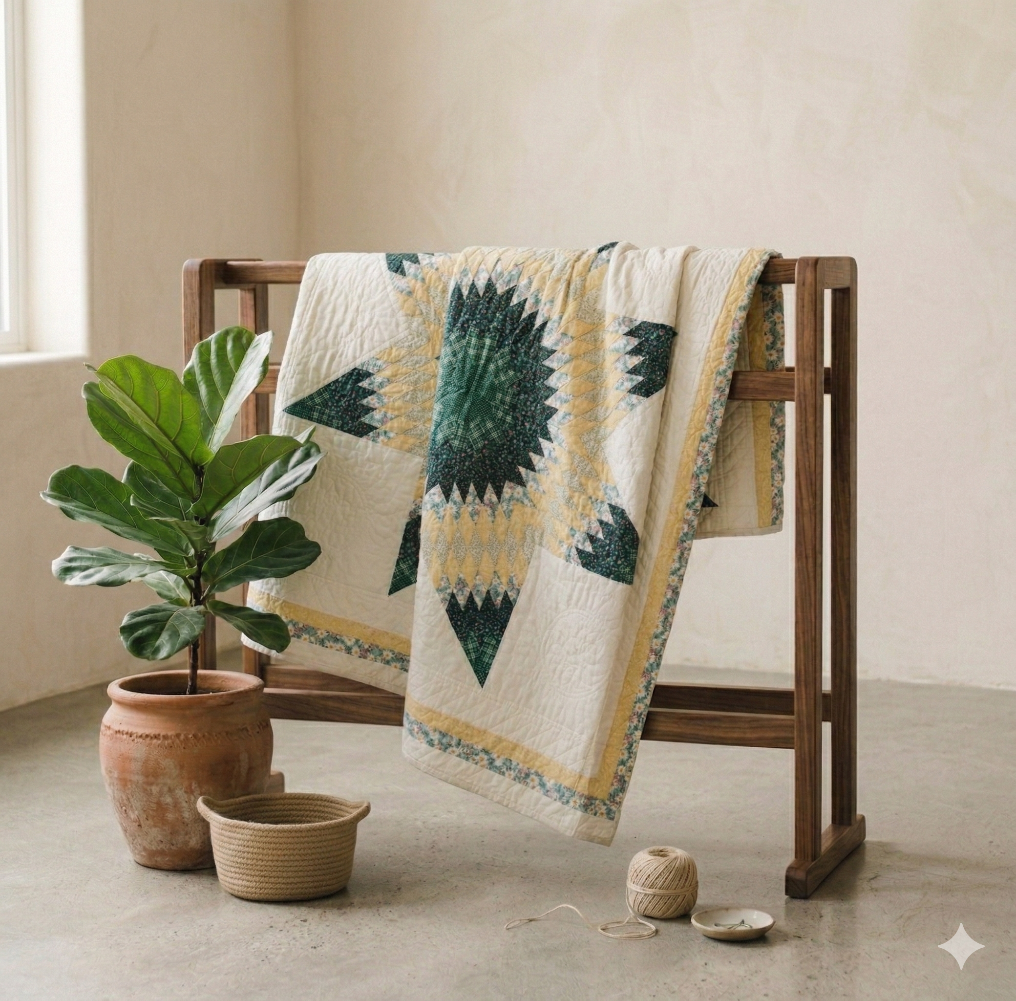 Stars Collection No. 3 - Yellow and Hunter Green Eight-Pointed Star Quilt