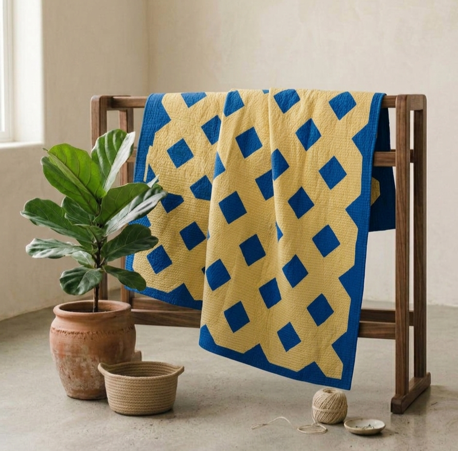 Cross Collection No. 5 - Butter and Cobalt Blue Criss Cross Quilt 1940's