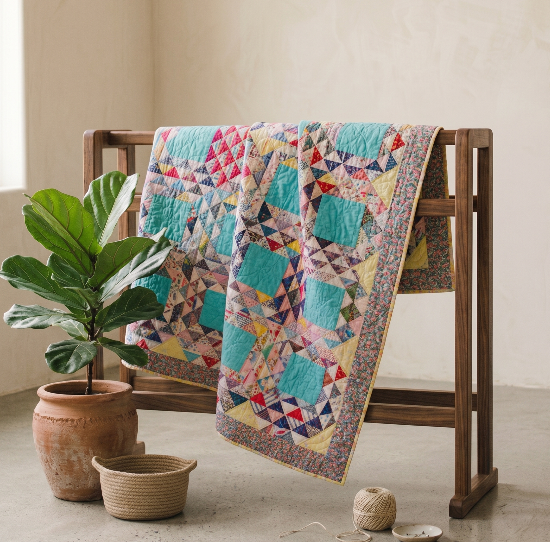 Points Collection No. 2 - Patchwork Triangles and Turquoise Blocks Quilt