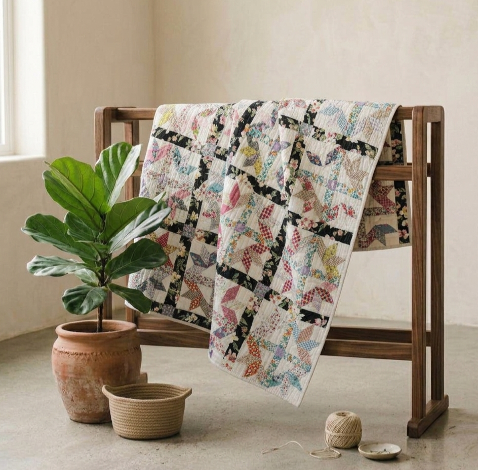 Florals Collection No. 8 - Black and White Multi-colored Flower Basket Amish Quilt 1950's