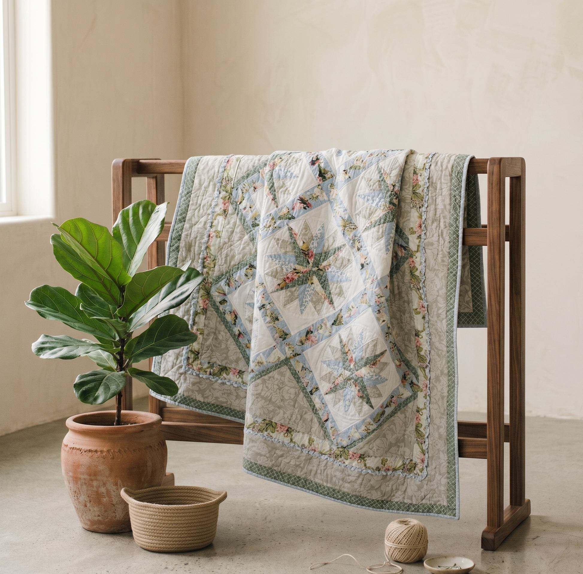 Stars Collection No. 9 - Tan, Blue and Floral Sixteen-pointed Star Quilt