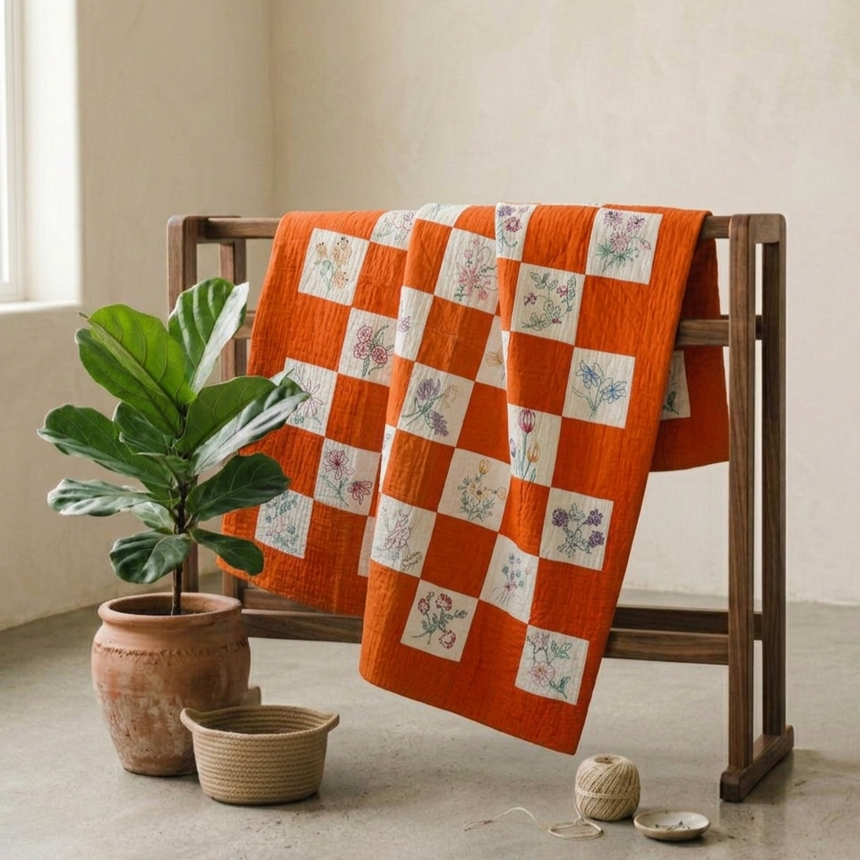 Florals Collection No. 10 - Floral Applique with Bold Orange Border Amish Quilt 1950's