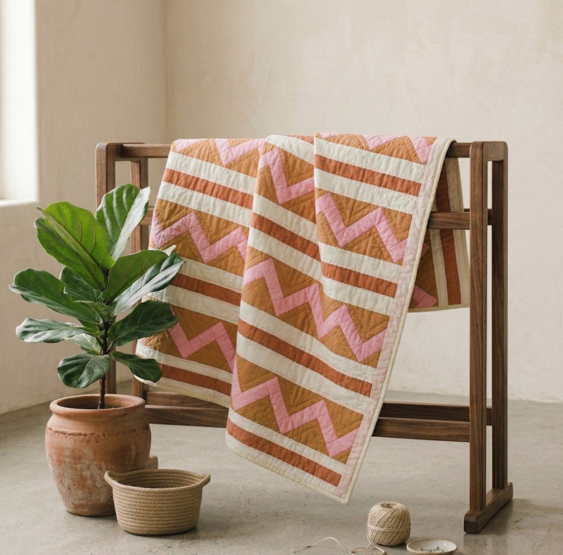 Path Collection No. 1 - Pink and Orange Gees Bend Style Crooked Path Quilt