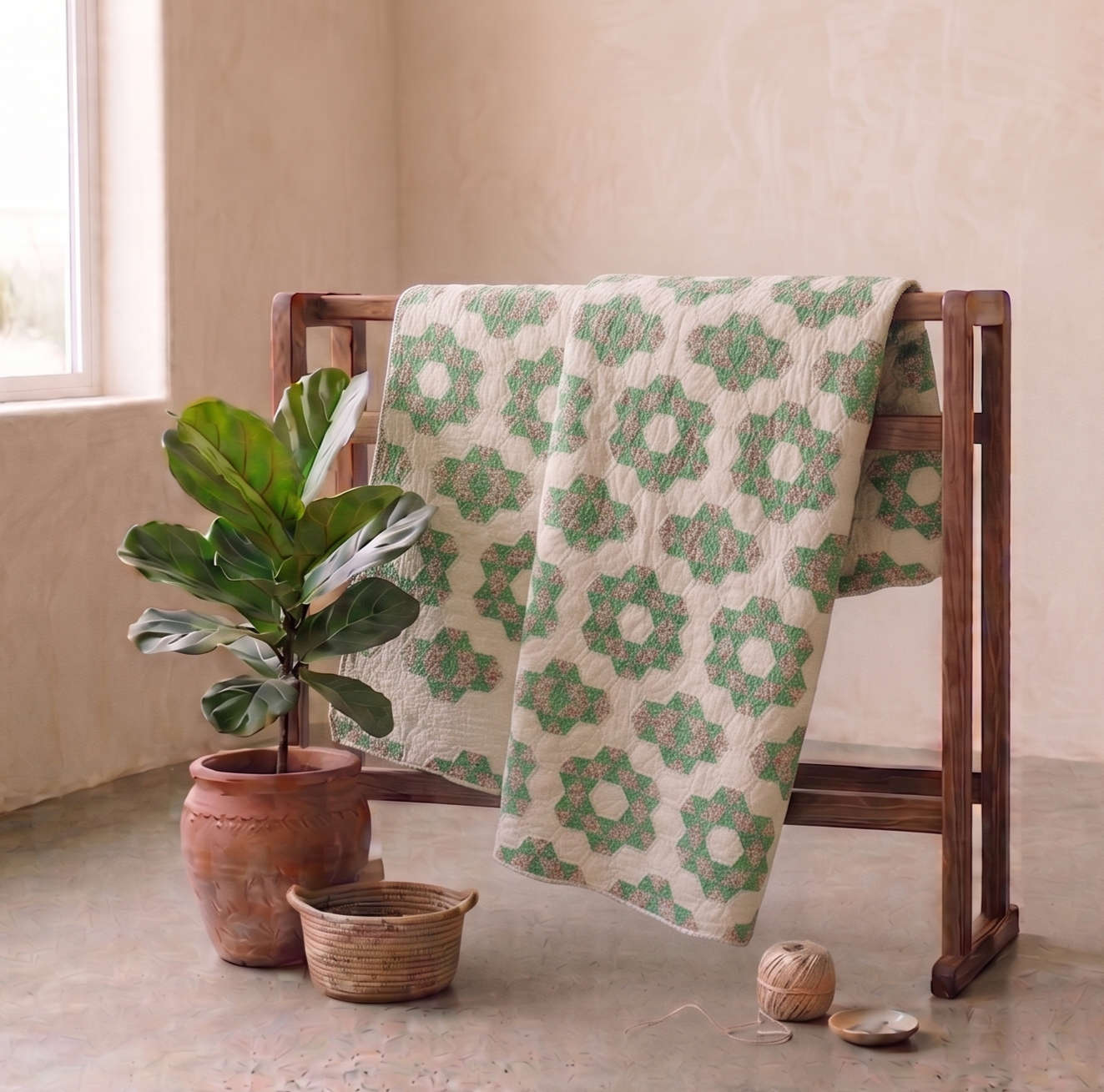 Florals Collection No. 9 - Mint Green with Pink Flower Basket Quilt 1930's