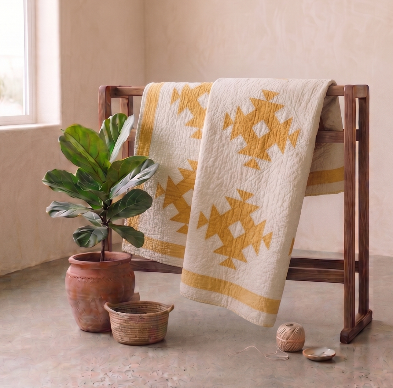 Ochre on Butter Yellow Star Burst Quilt 1930's