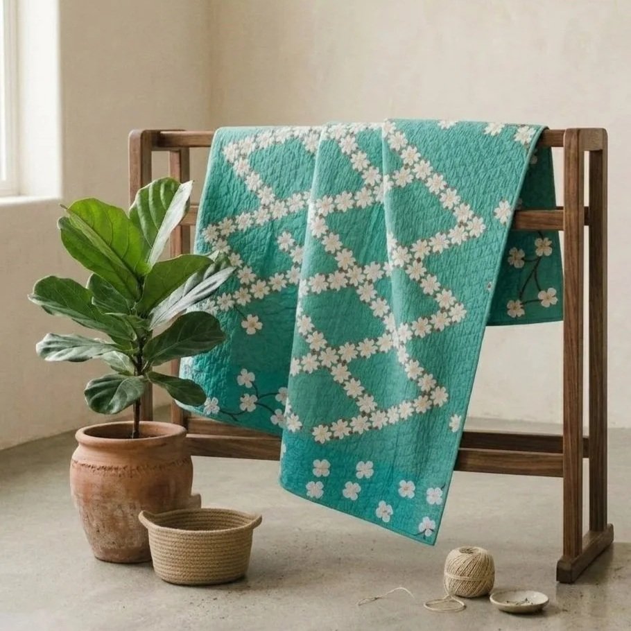 Florals No. 6 - Dogwood Blossoms White on Green Floral Quilt