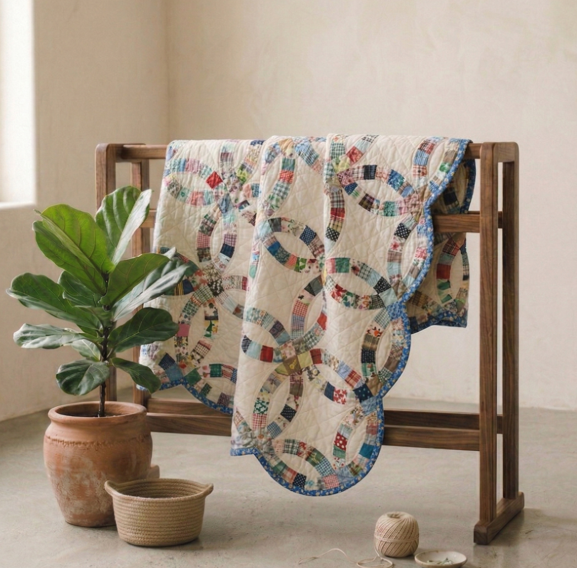 Rings Collection No. 5 - Multicolored Double Wedding Ring Quilt with Blue Floral Border