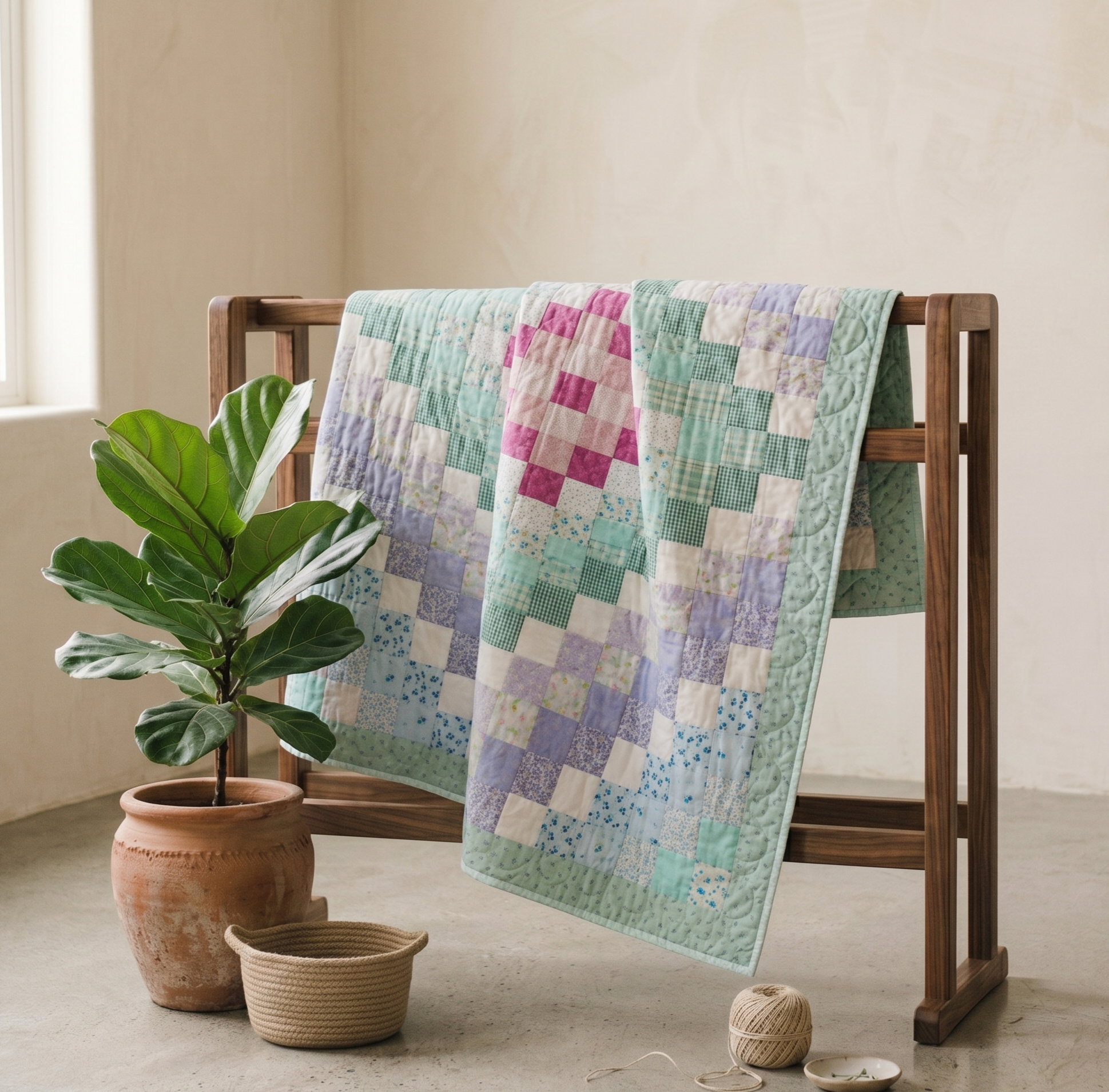 Blocks Collection No. 1 - Green Blocks Hot Pink Center Quilt