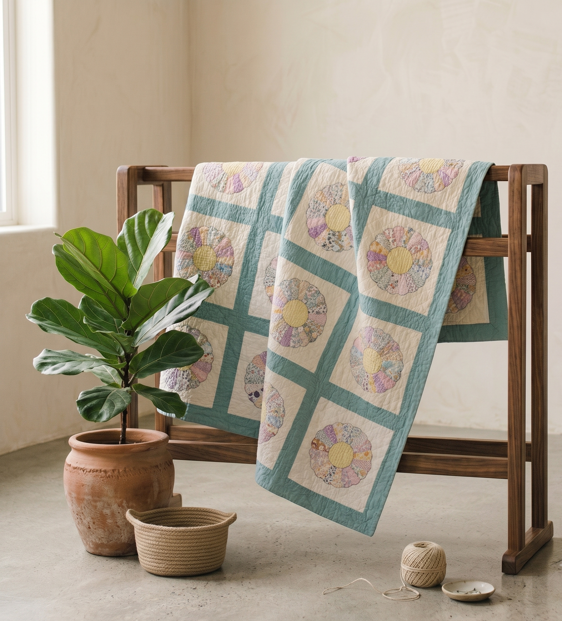 Teal and Pastel Dresden Plate Amish-made Quilt 1940's