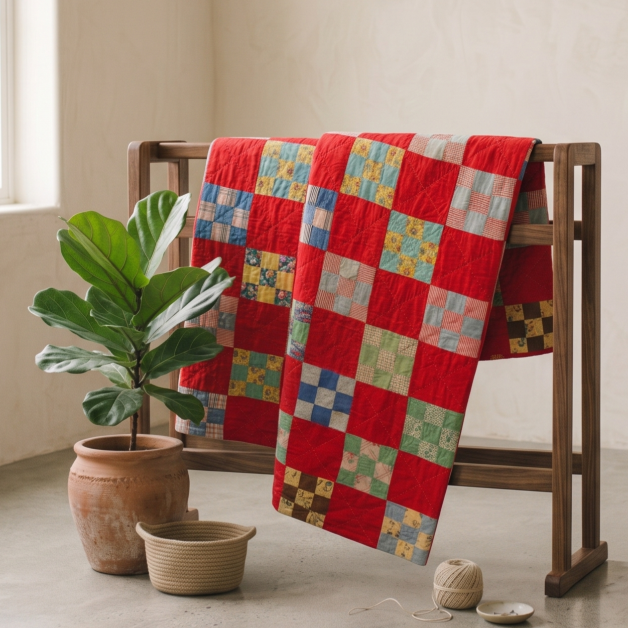 Red Squares Amish Made Quilt 1930's