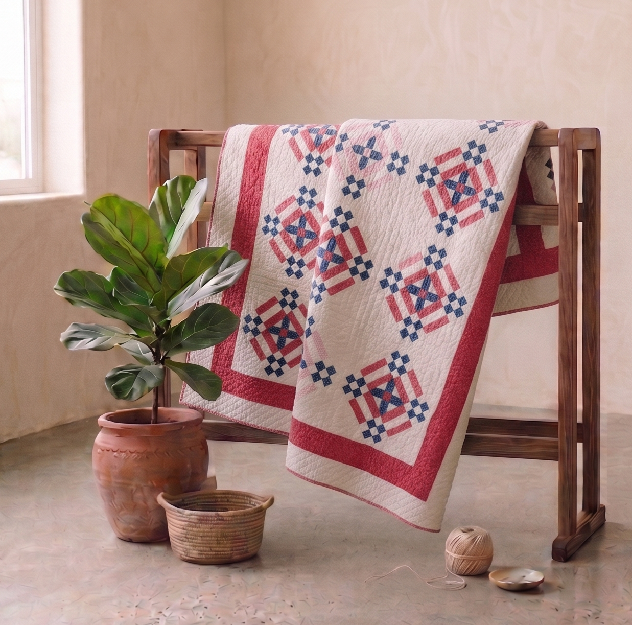 Red and Pink Bulls Eye Quilt 1920's