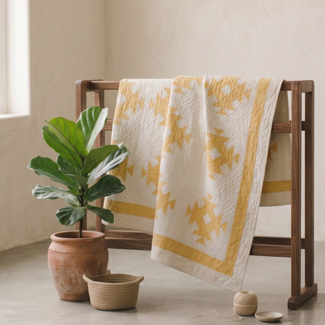 Ochre on Butter Yellow Star Burst Quilt 1930's