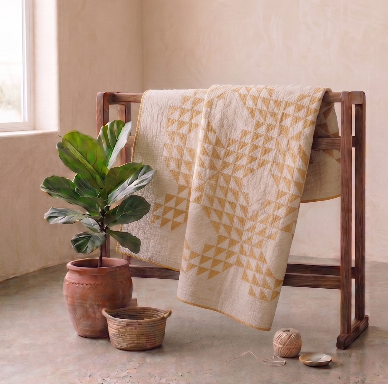 Points Collection No. 4 - Golden Triangles on Cream Criss Cross Quilt 1920's