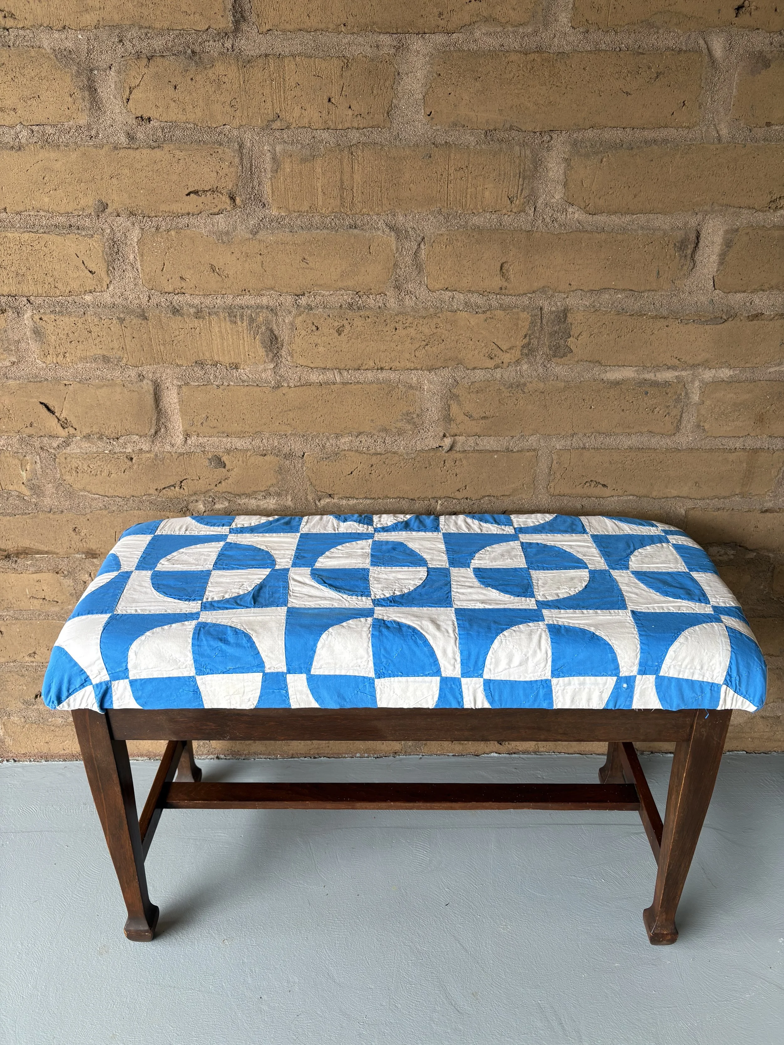 Blue and White Geometric Quilted Piano Bench