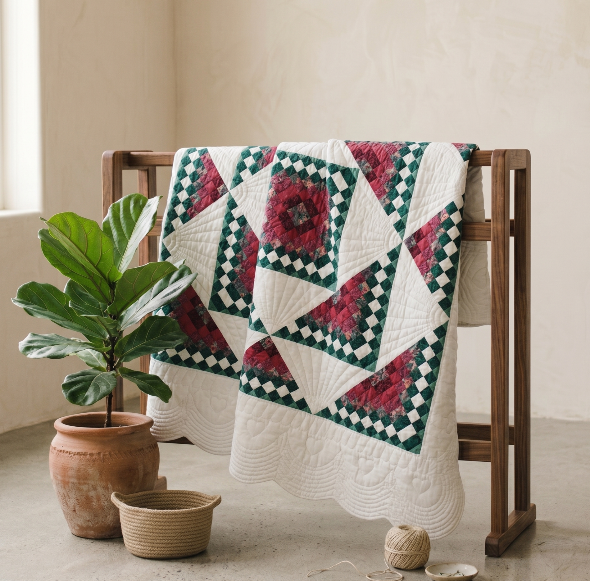 Blocks Collection No. 6 - Maroon and Green Block Pattern on White Quilt