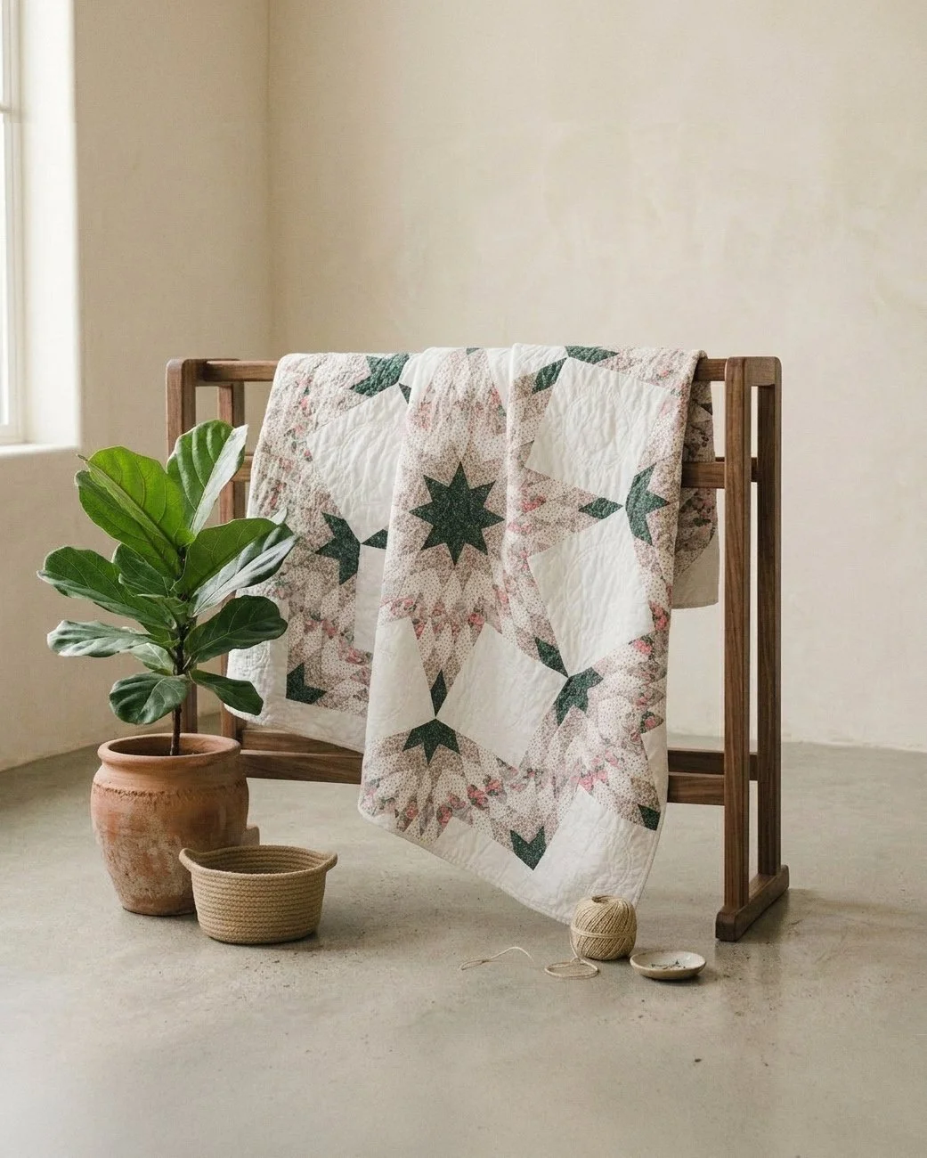 Stars Collection No. 1 - Pink and Green Eight-Pointed Star within a Star Quilt