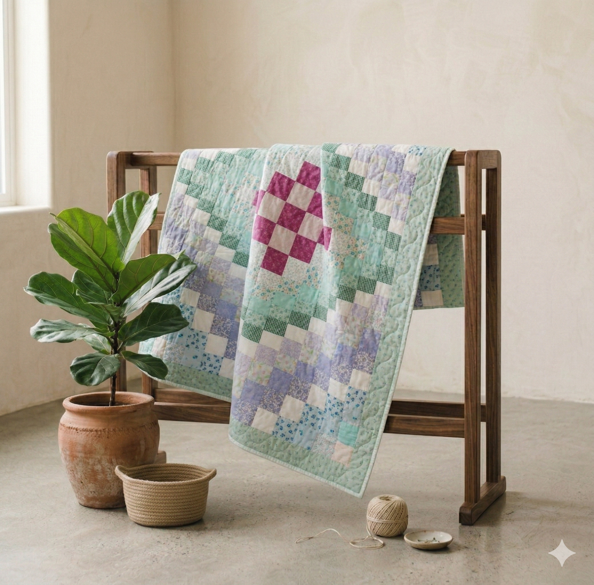 Blocks Collection No. 1 - Green Blocks Hot Pink Center Quilt