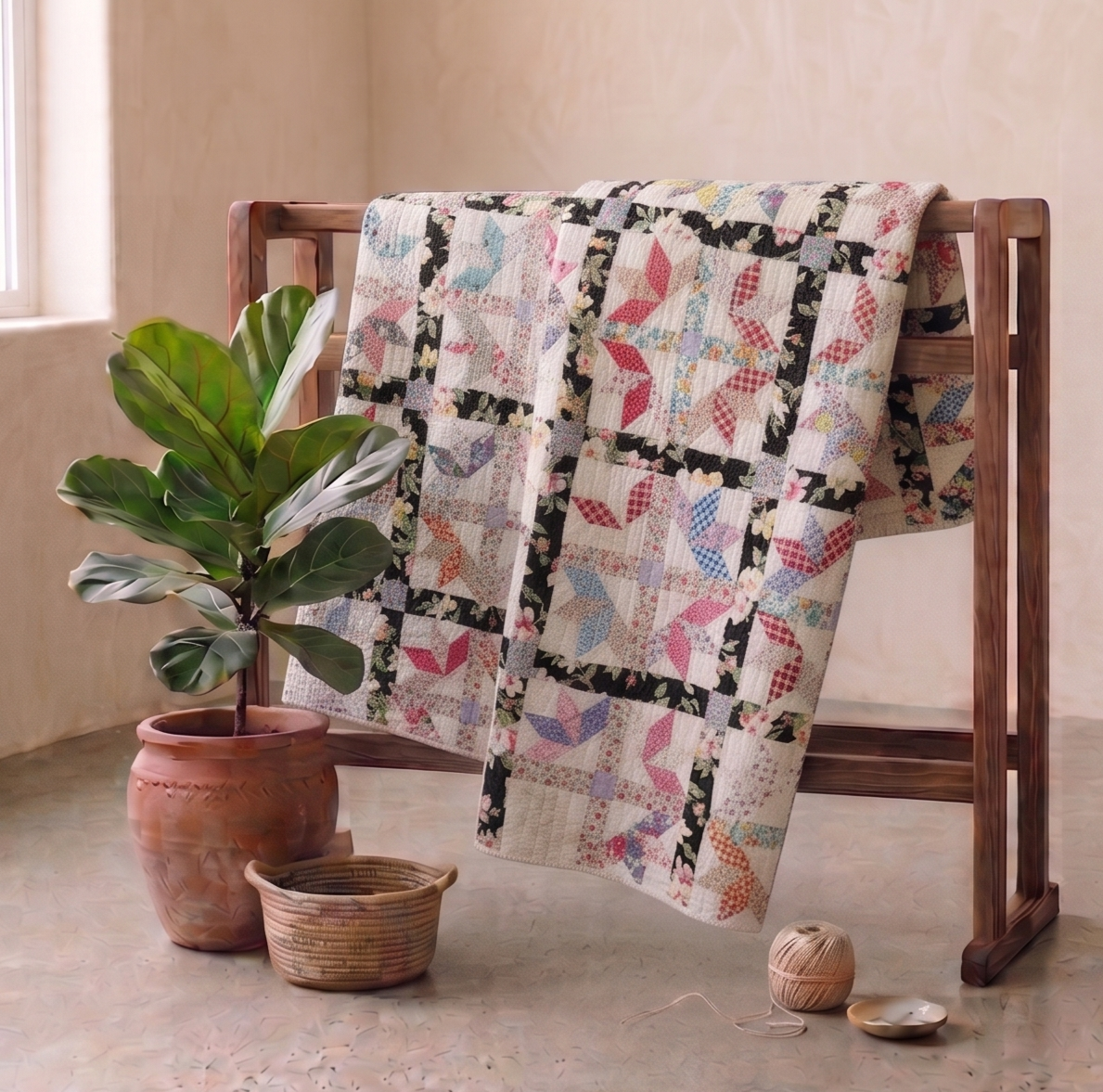 Florals Collection No. 8 - Black and White Multi-colored Flower Basket Amish Quilt 1950's