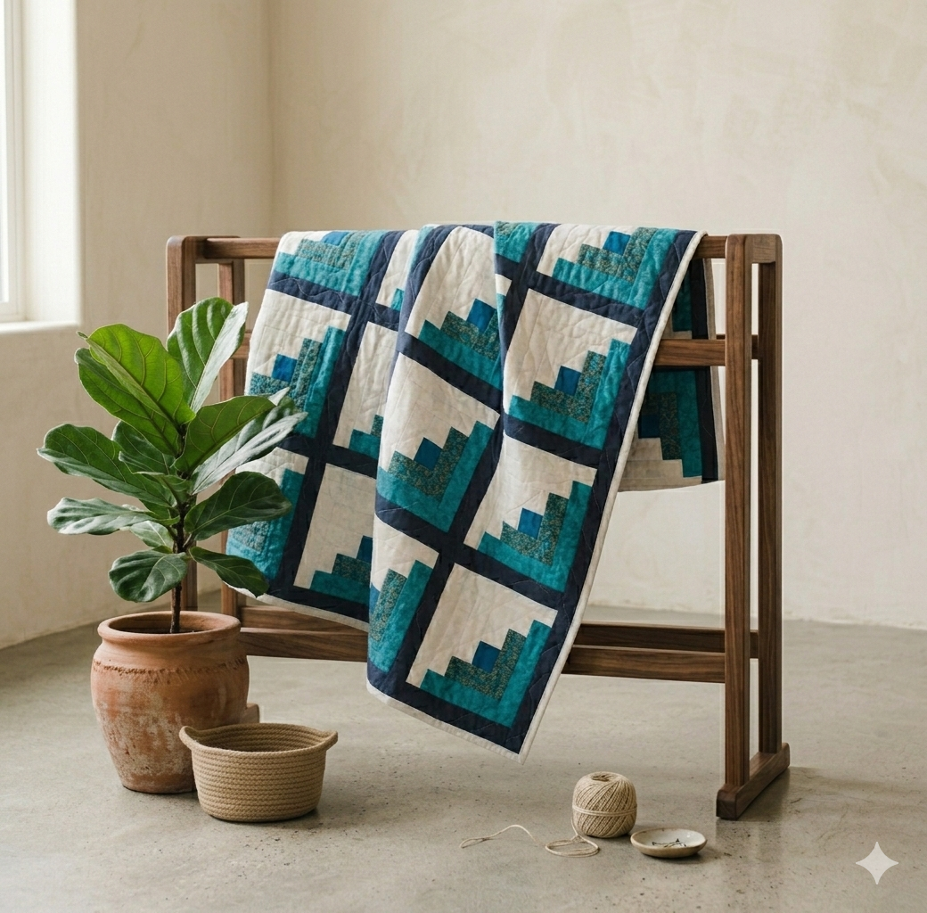 Lines Collection No. 1 - Blue Log Cabin King Quilt