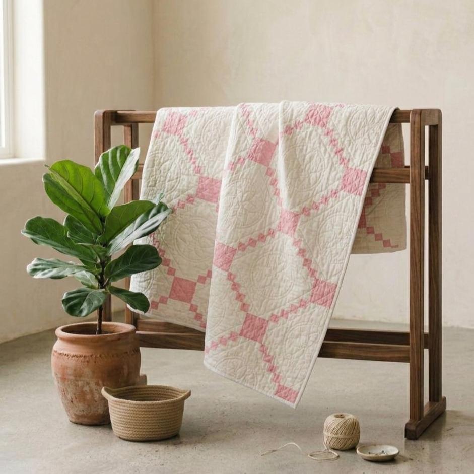 Chains Collection No. 4 - Pale Pink and White Irish Chain Quilt 1920's